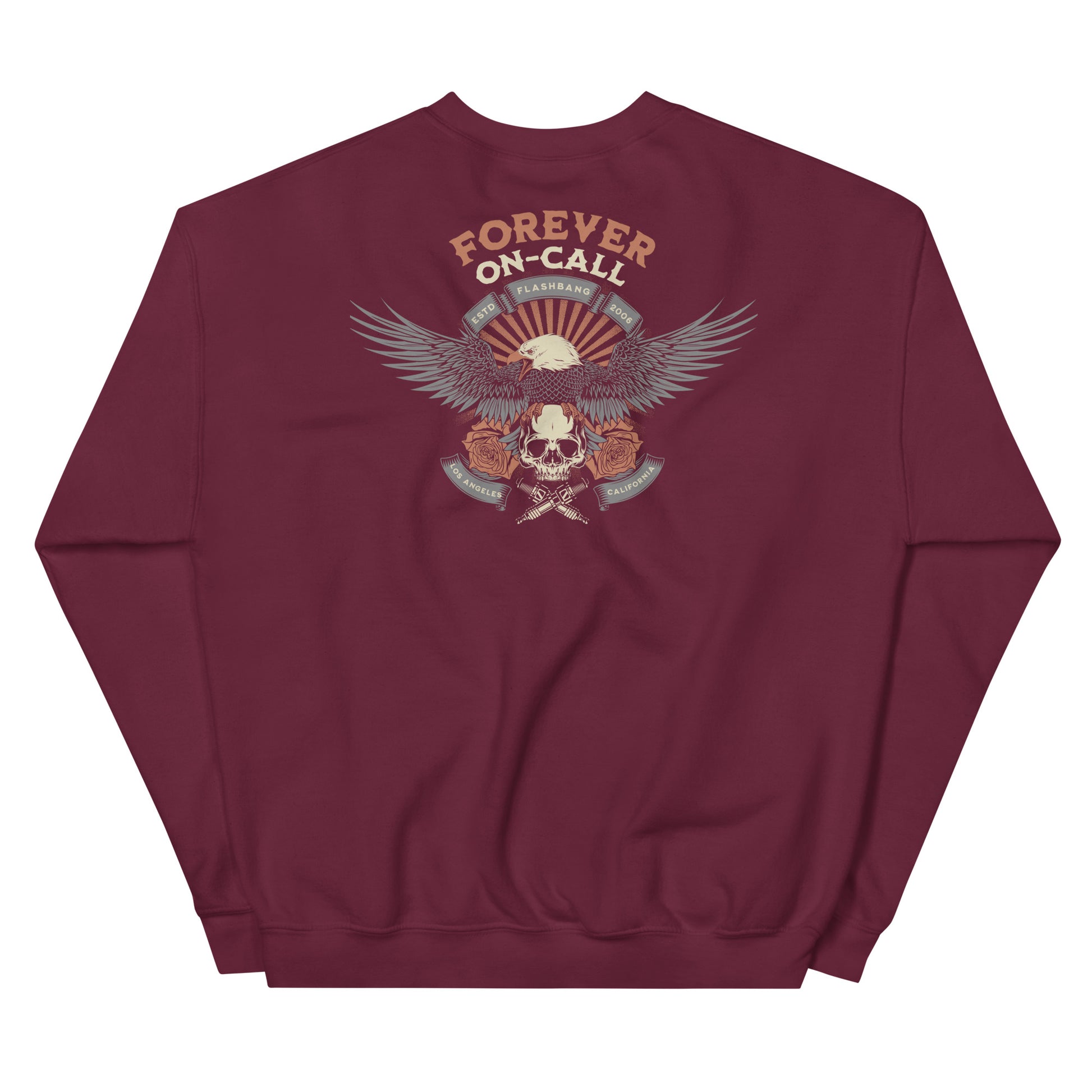 Maroon sweatshirt with eagle and skull design on the back, on a white background