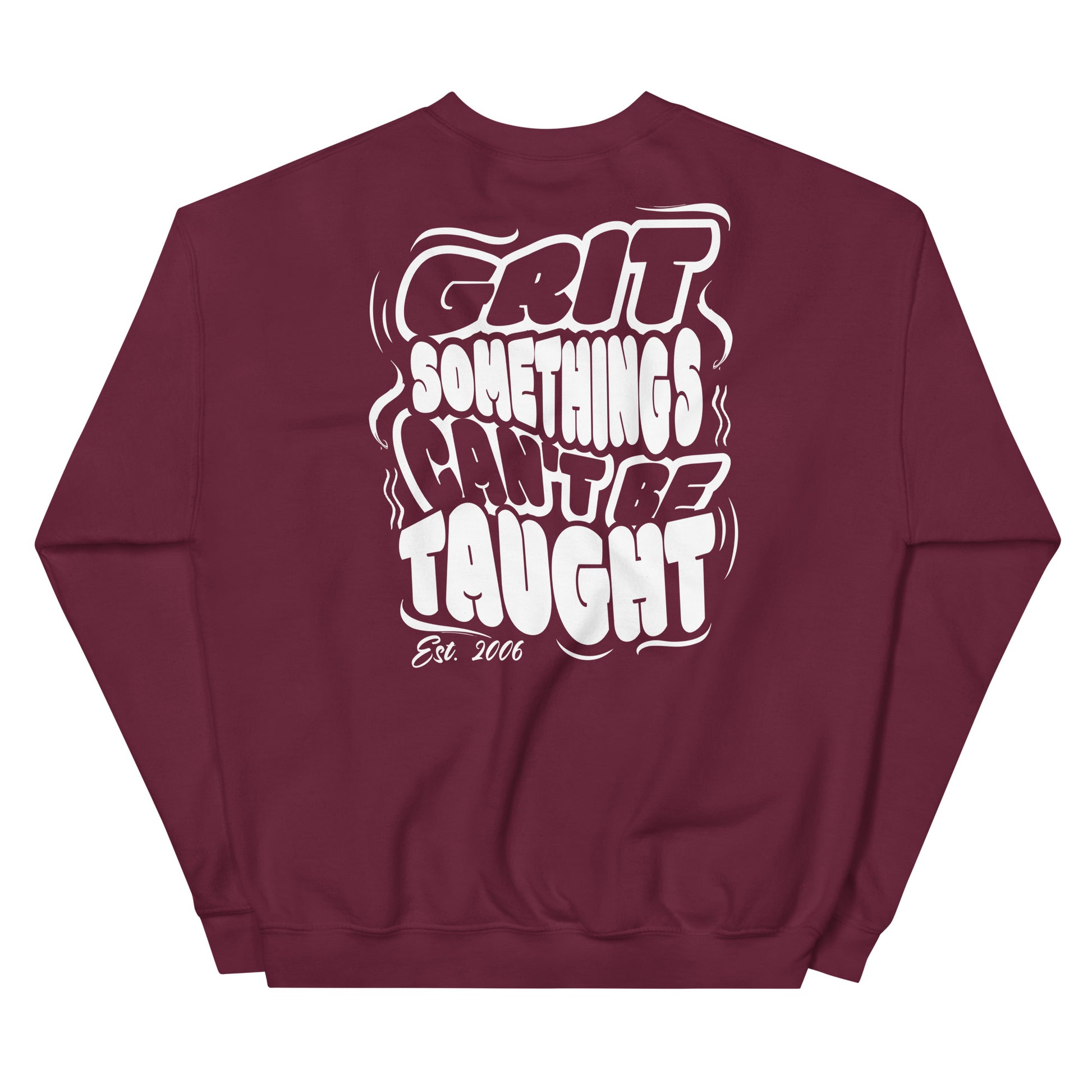 Maroon sweatshirt with white text on a white background