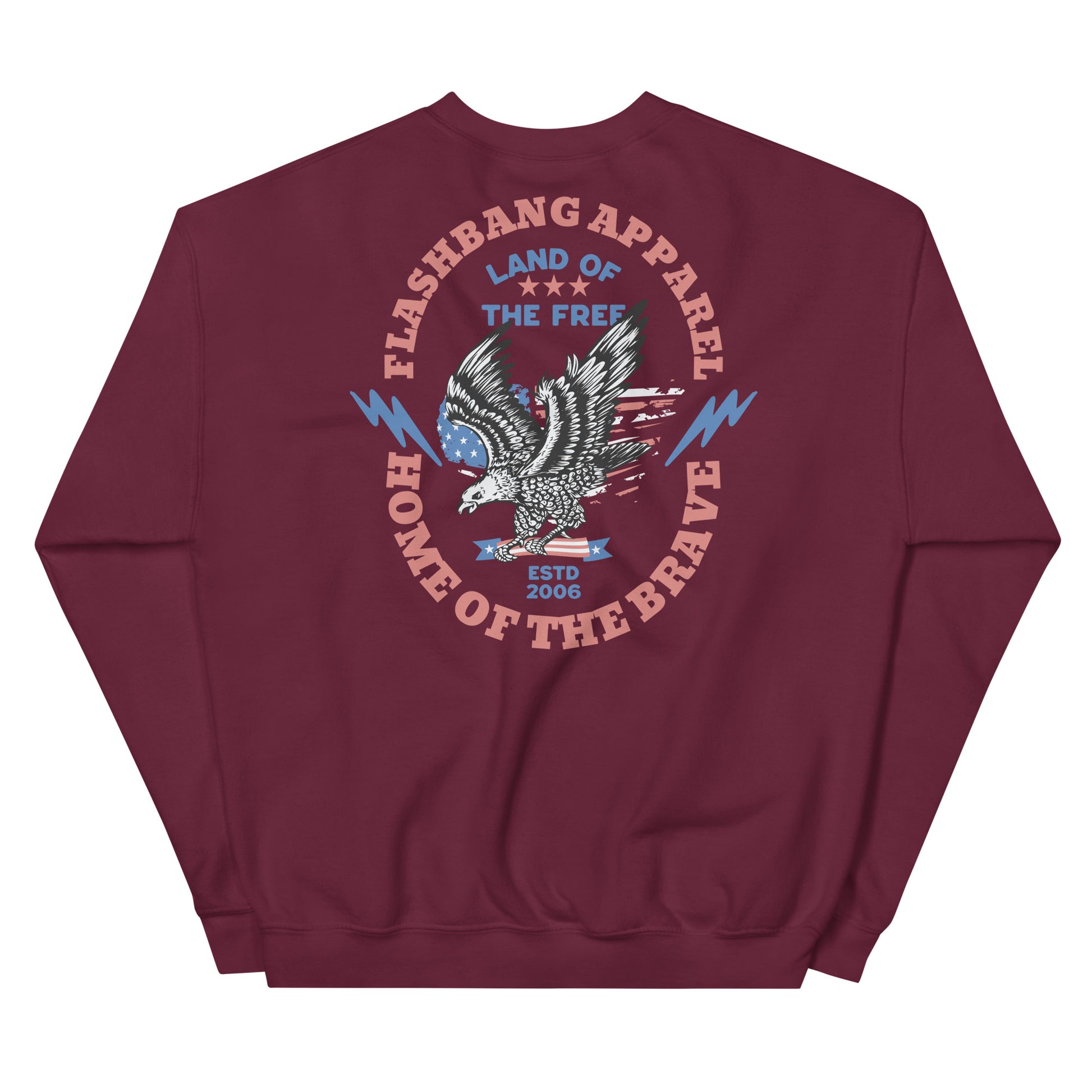 Maroon sweatshirt with graphic design and text on a white background