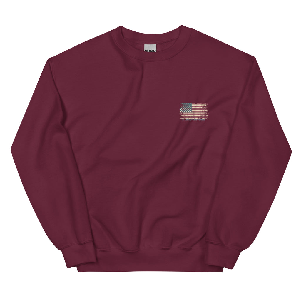 Maroon sweatshirt with a small American flag patch on a white background