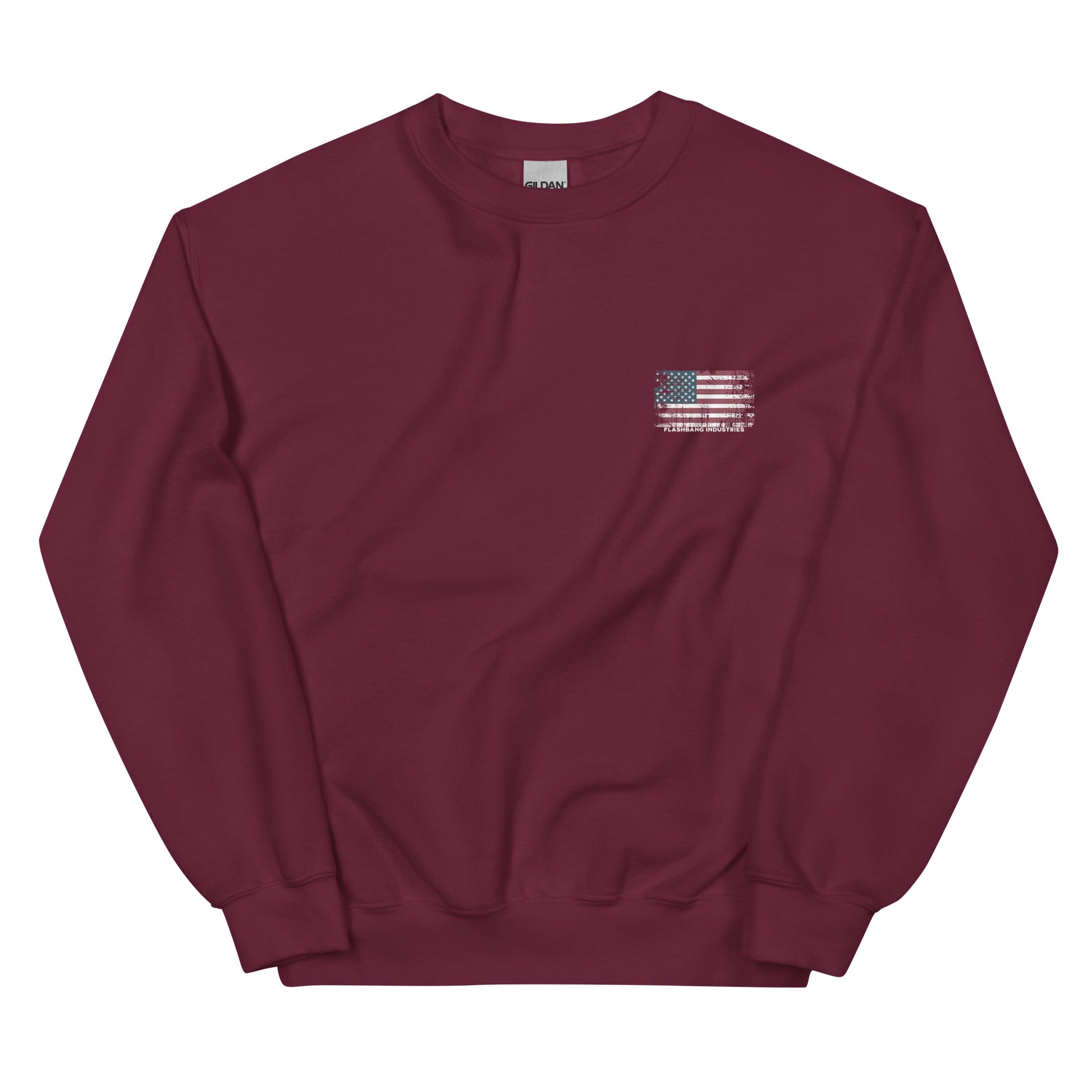 Maroon sweatshirt with a small flag design on a white background