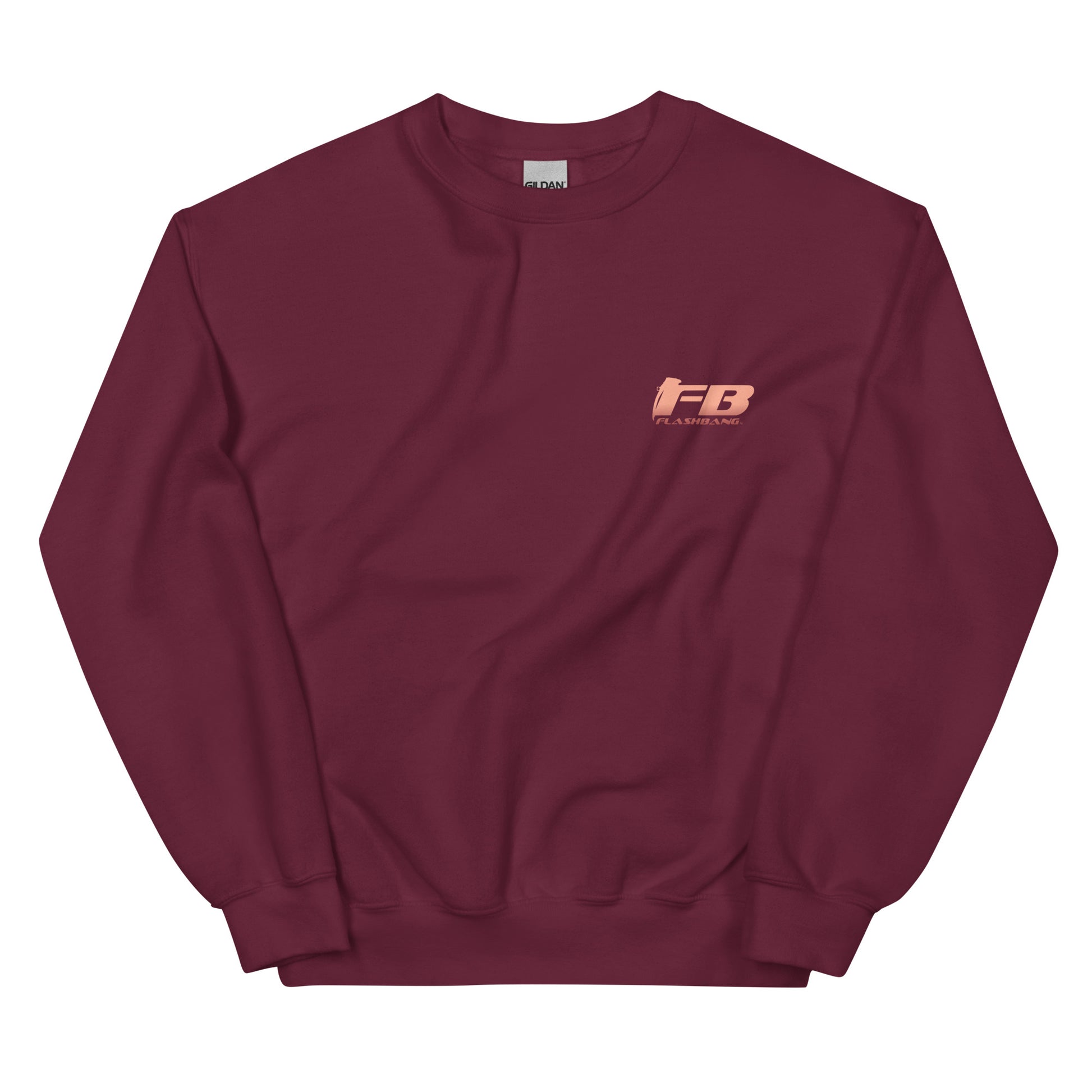 Maroon sweatshirt with a logo on a white background