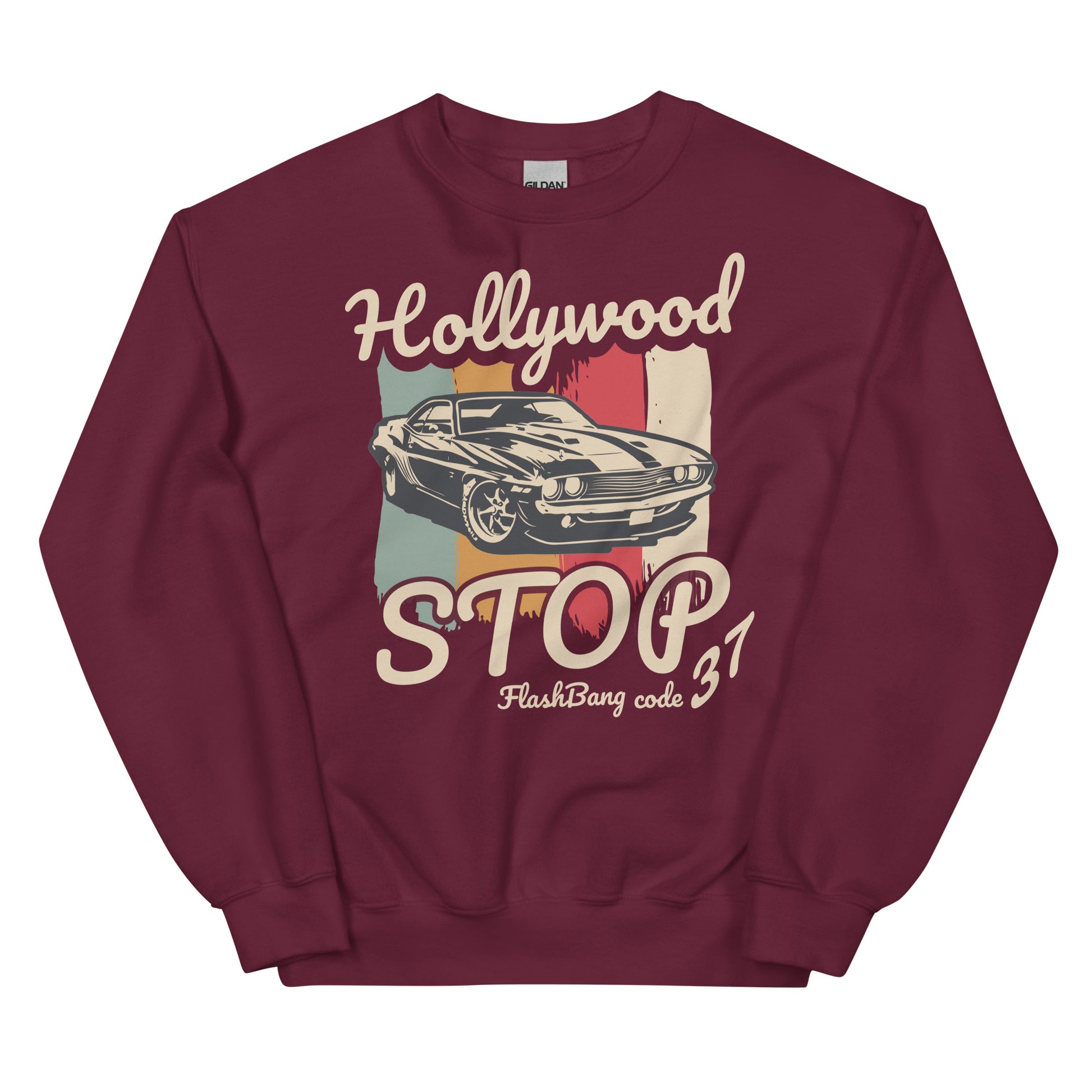 Maroon sweatshirt with vintage car graphic and text on a white background