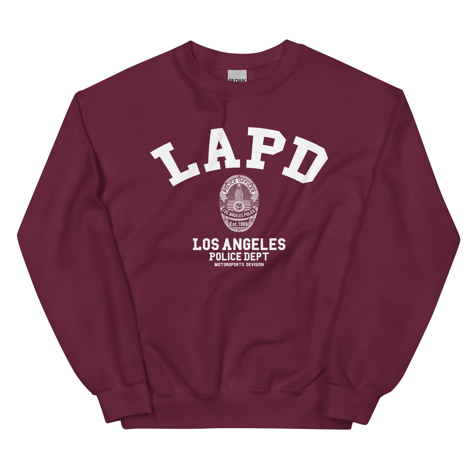 Maroon sweatshirt with LAPD Los Angeles Police Dept logo on a white background