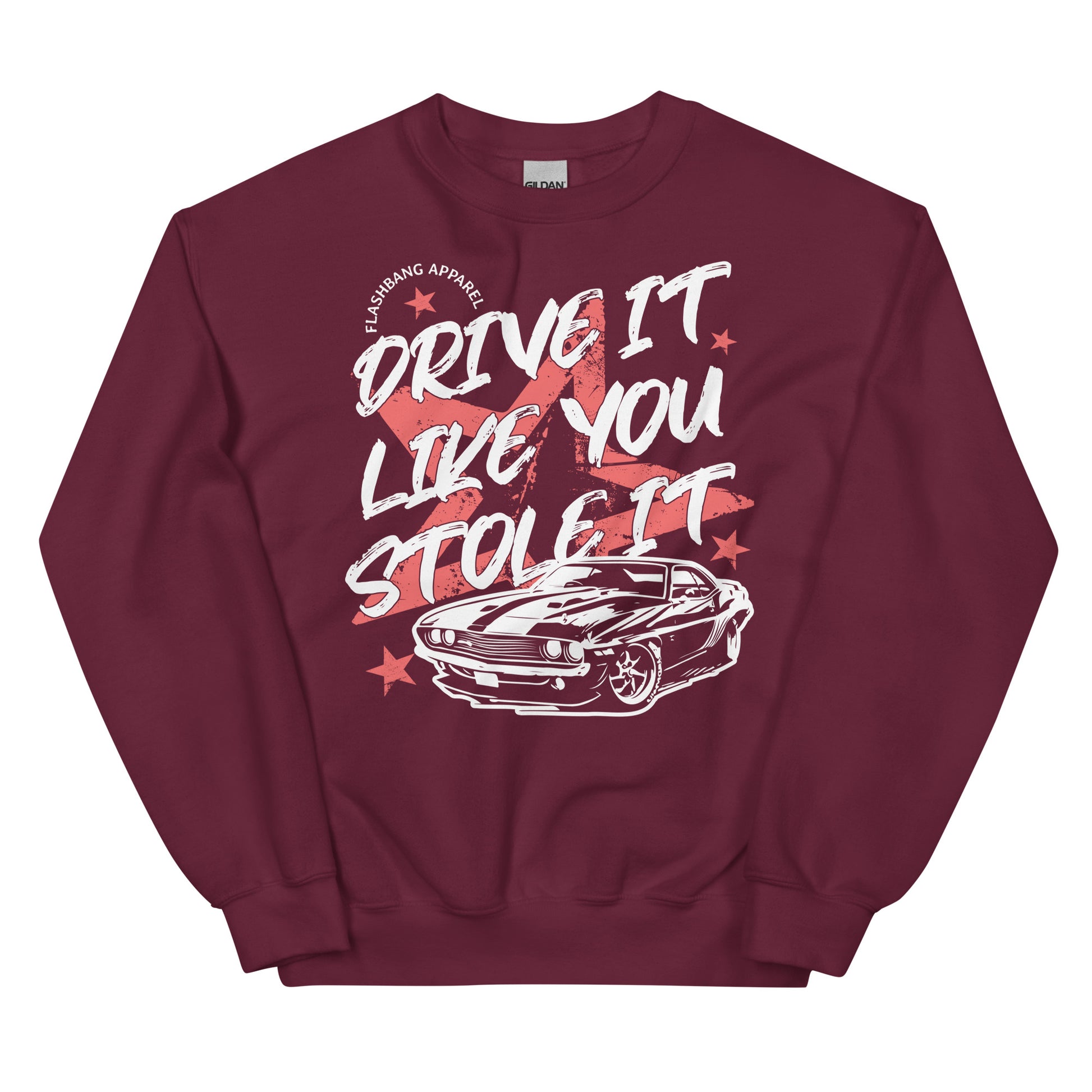 Maroon sweatshirt with graphic design and text on a white background
