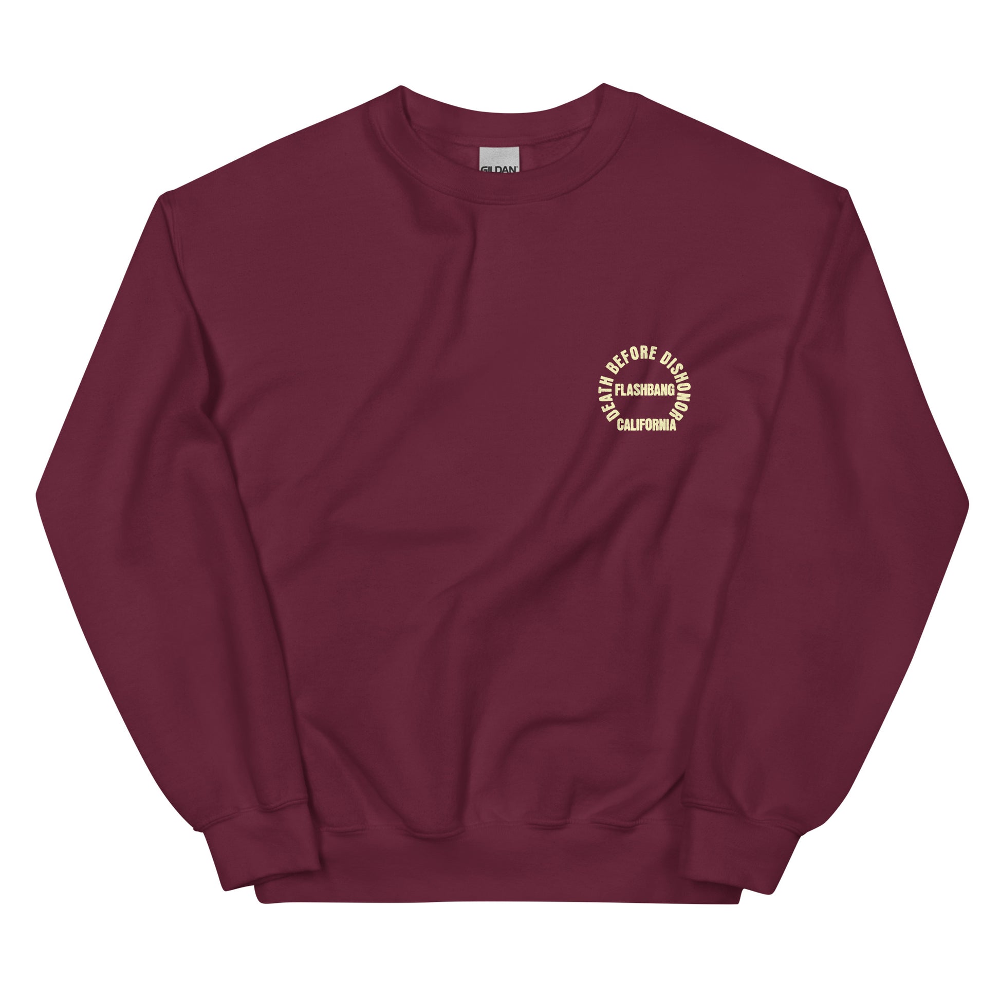 Maroon sweatshirt with a logo on the chest against a white background