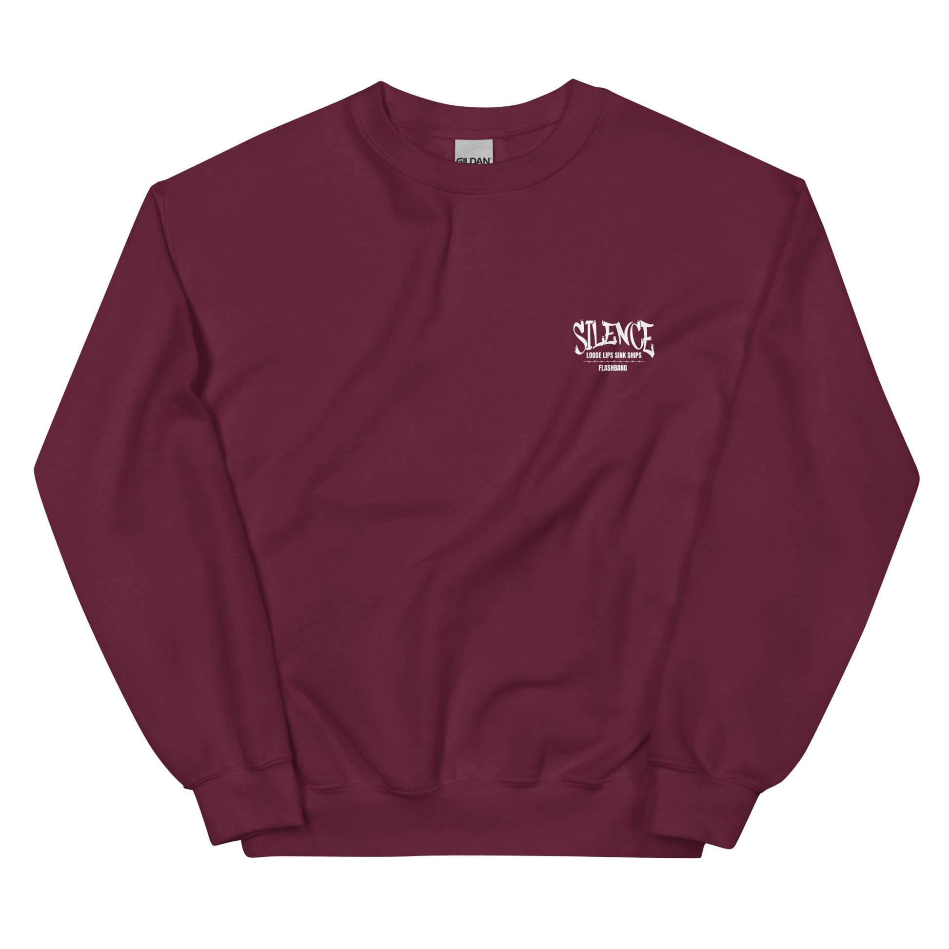Maroon sweatshirt with a logo on the chest against a white background