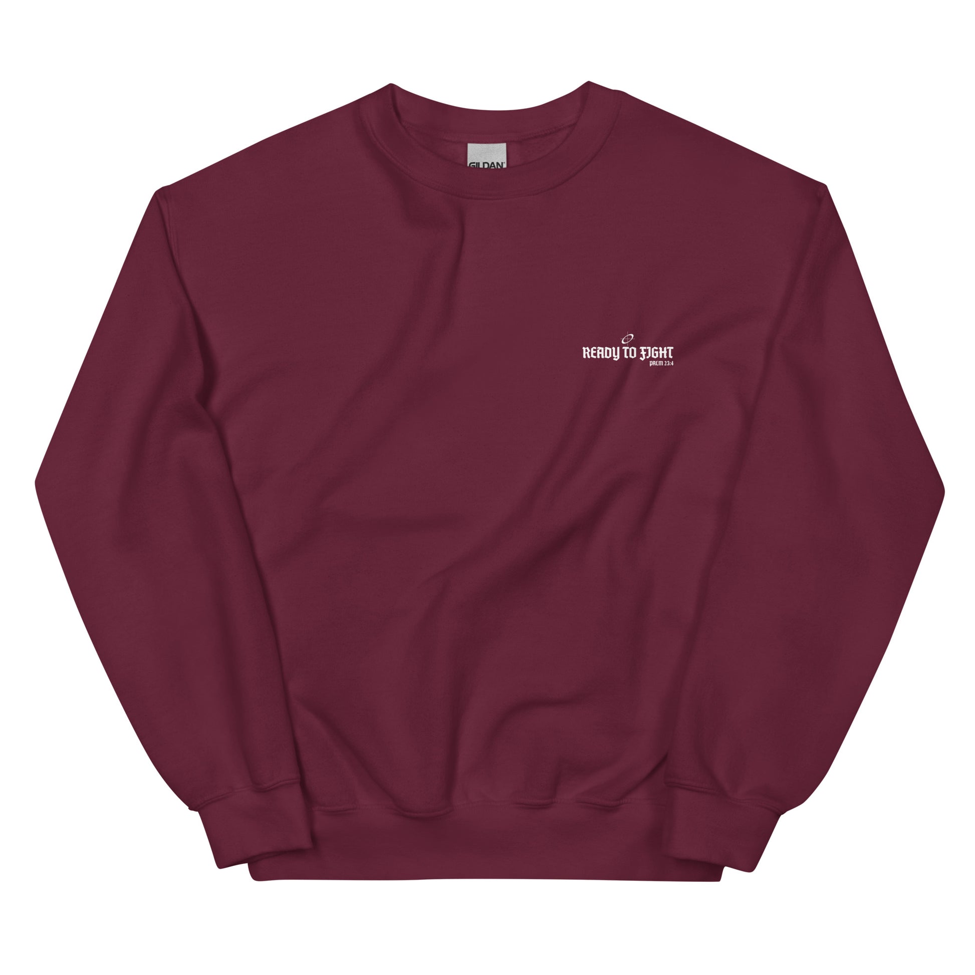 Maroon sweatshirt with a small white logo on a white background