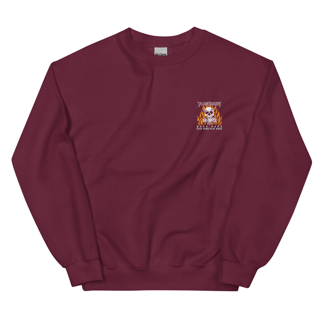 Maroon sweatshirt with a small logo on the chest against a white background