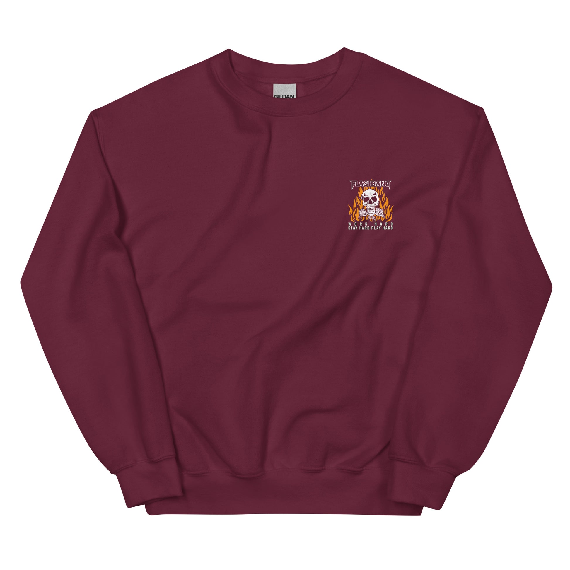 Maroon sweatshirt with a small logo on the chest against a white background