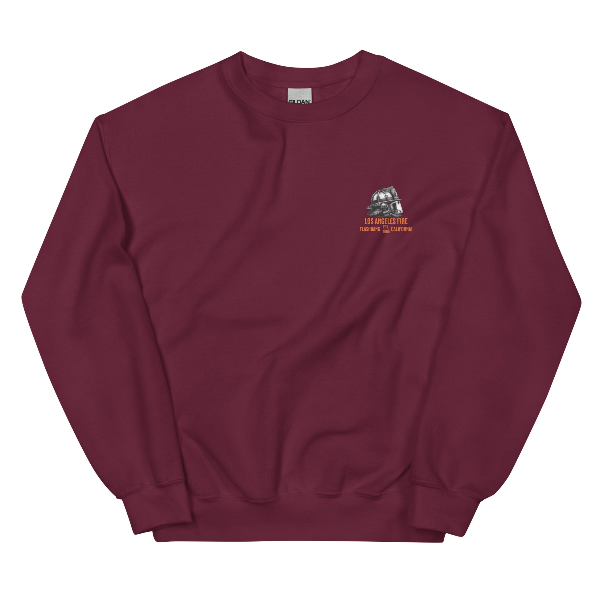 Maroon sweatshirt with a logo on the chest against a white background