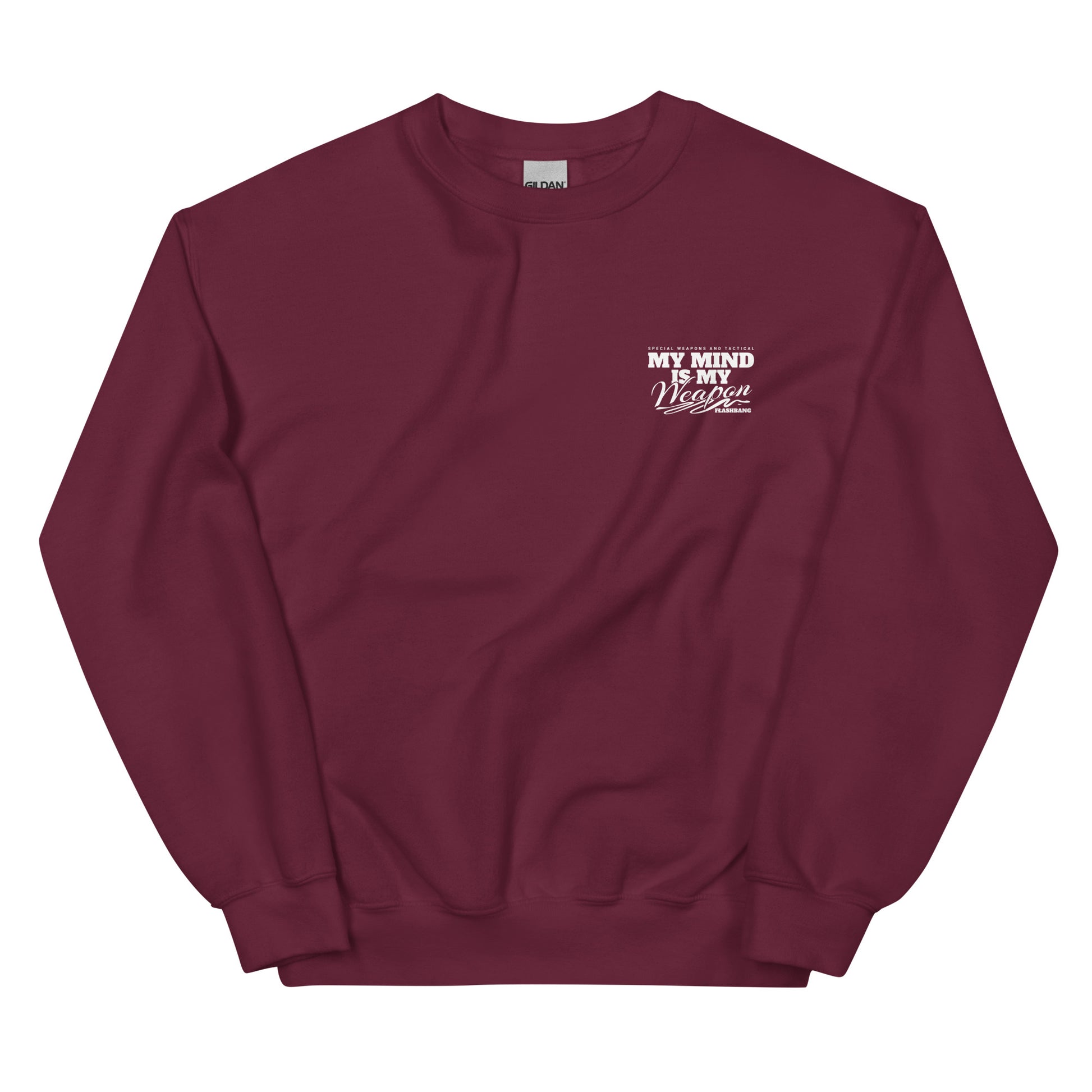Maroon sweatshirt with text on a white background