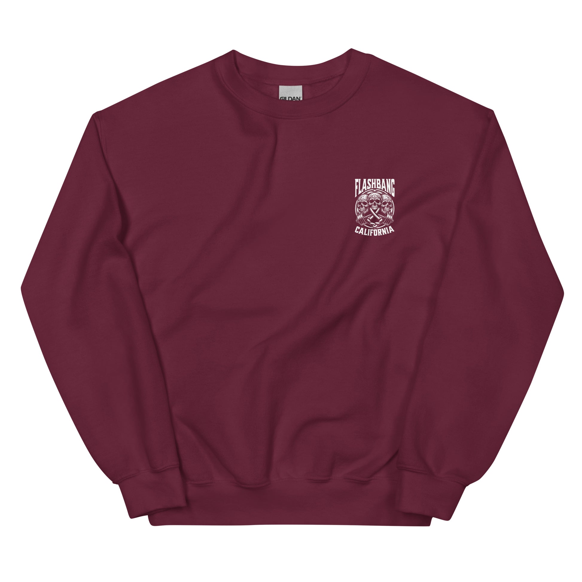Maroon sweatshirt with a logo on the chest against a white background