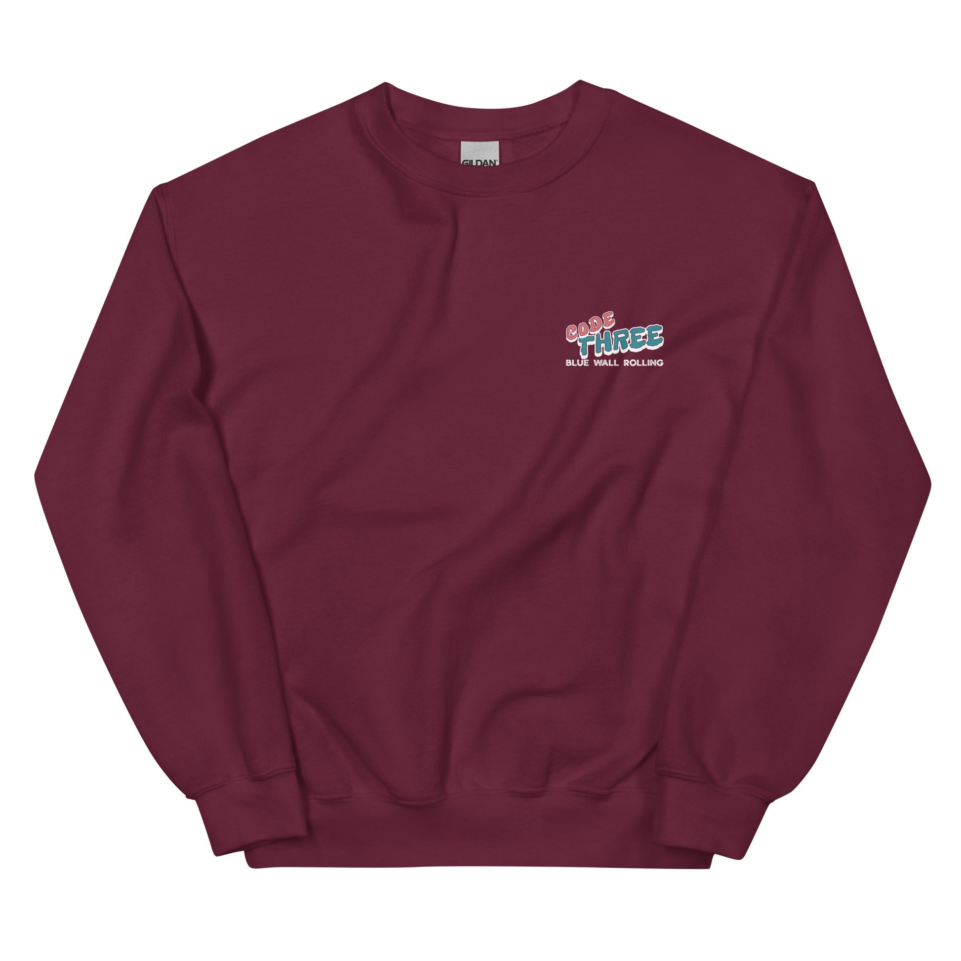 Maroon sweatshirt with a logo on the chest against a white background