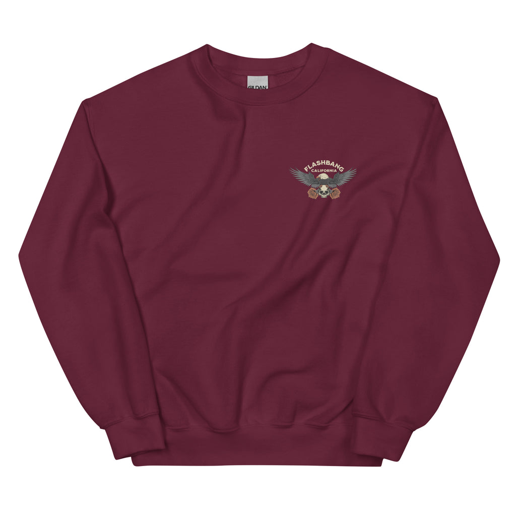 Maroon sweatshirt with a logo on the chest against a white background