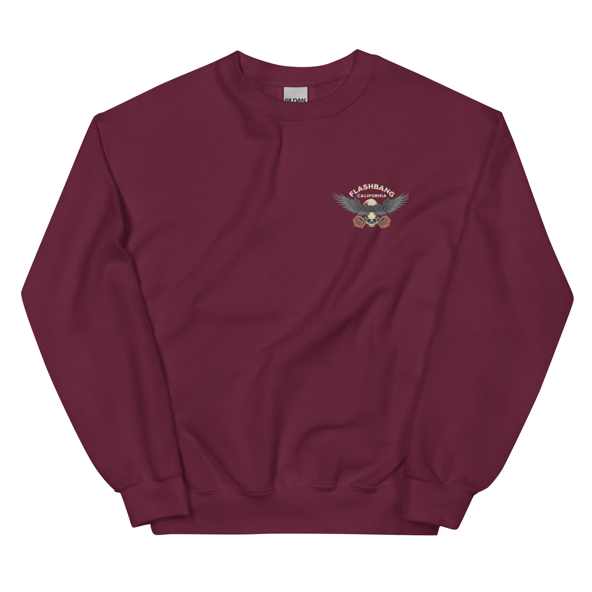 Maroon sweatshirt with a logo on the chest against a white background