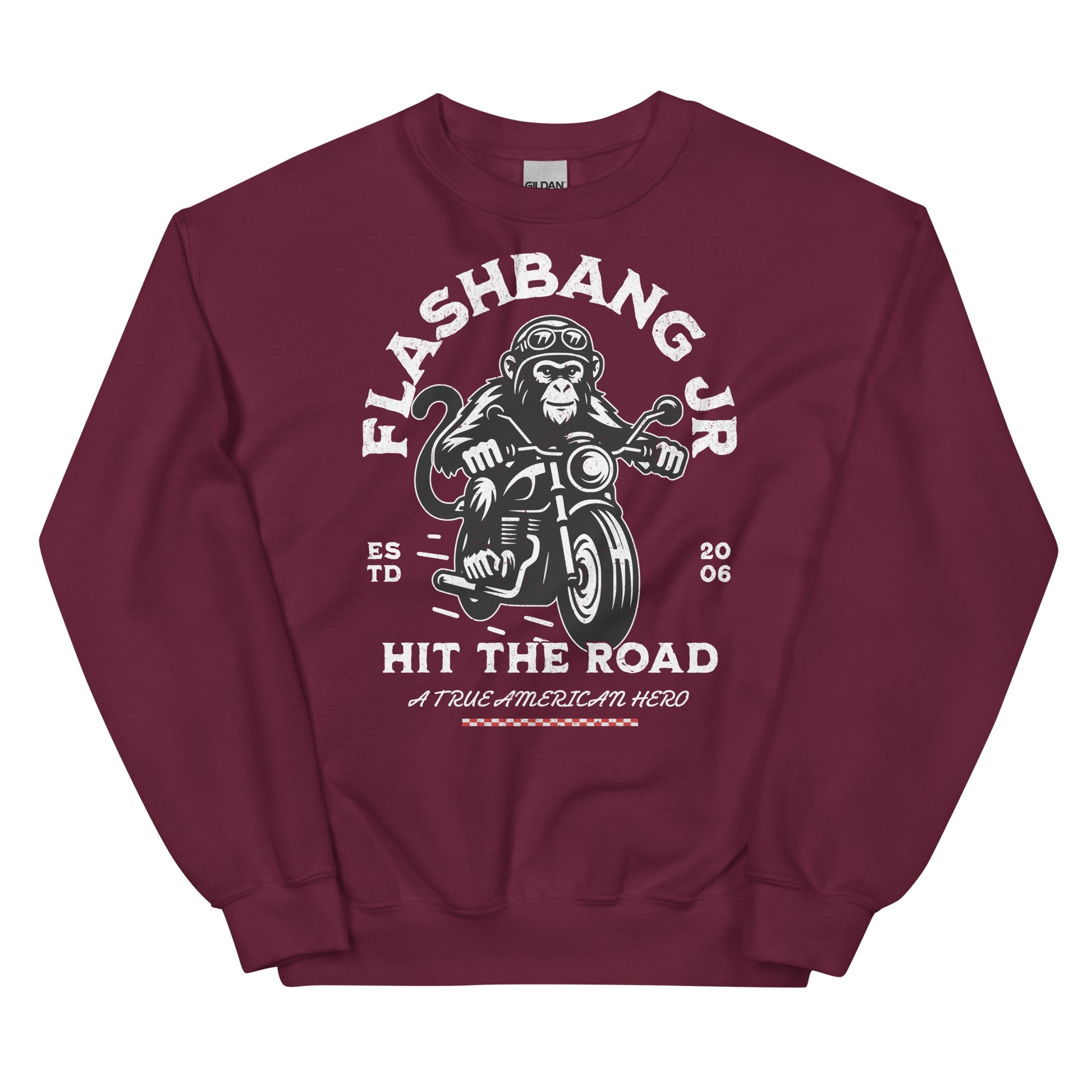 Maroon sweatshirt with monkey on a motorcycle graphic and text on a white background