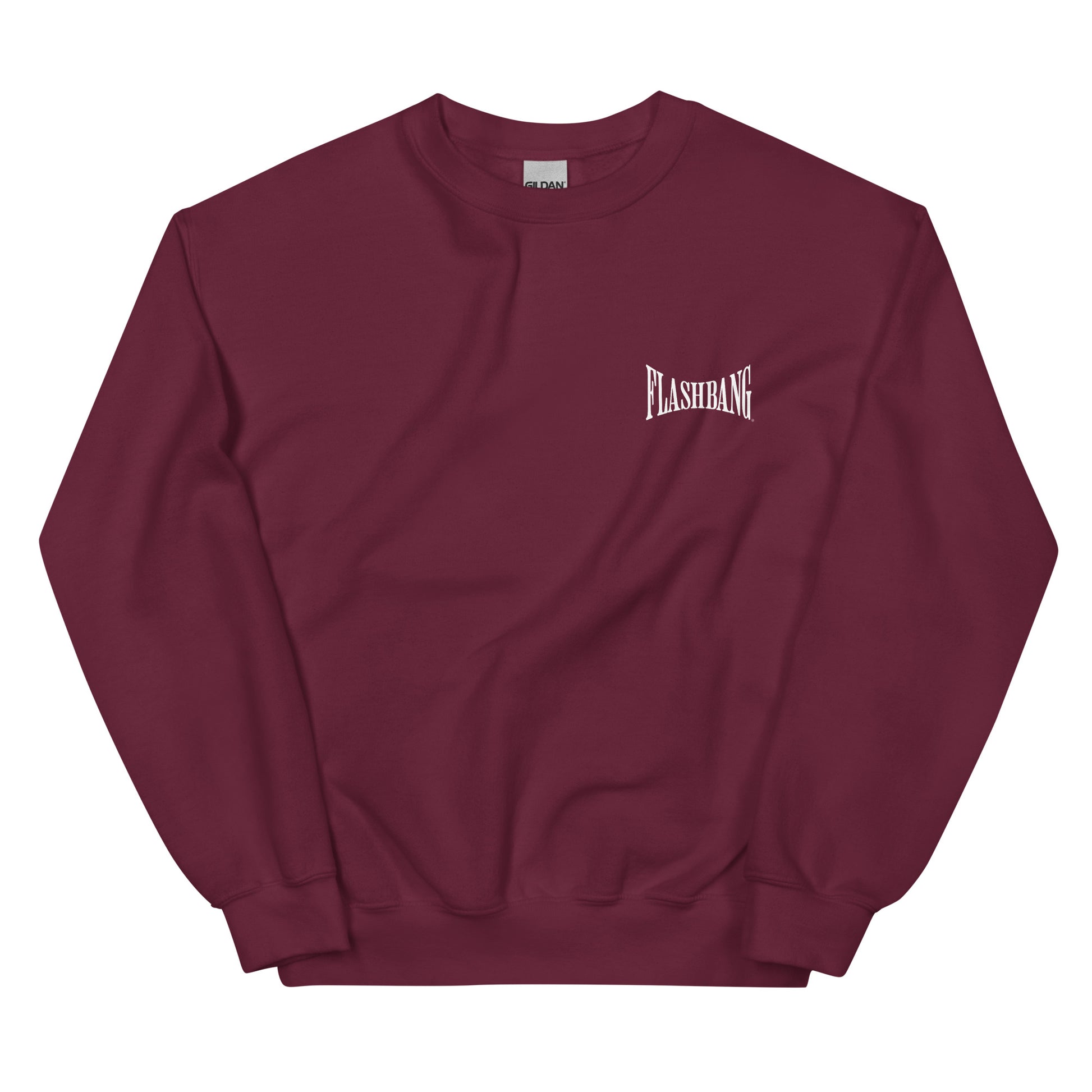 Maroon sweatshirt with 'FLASHBANG' logo on a white background