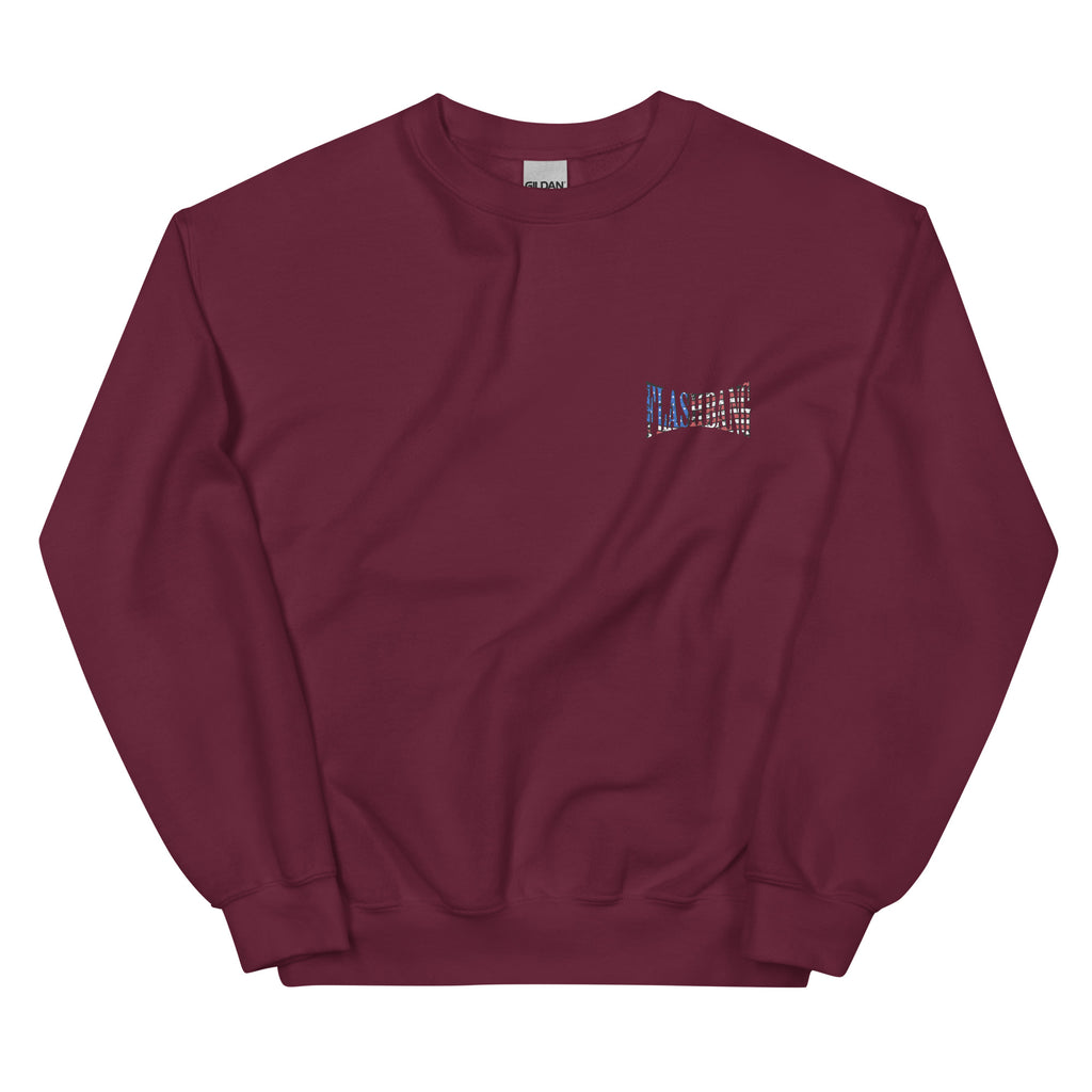 Maroon sweatshirt with a small logo on the chest against a white background