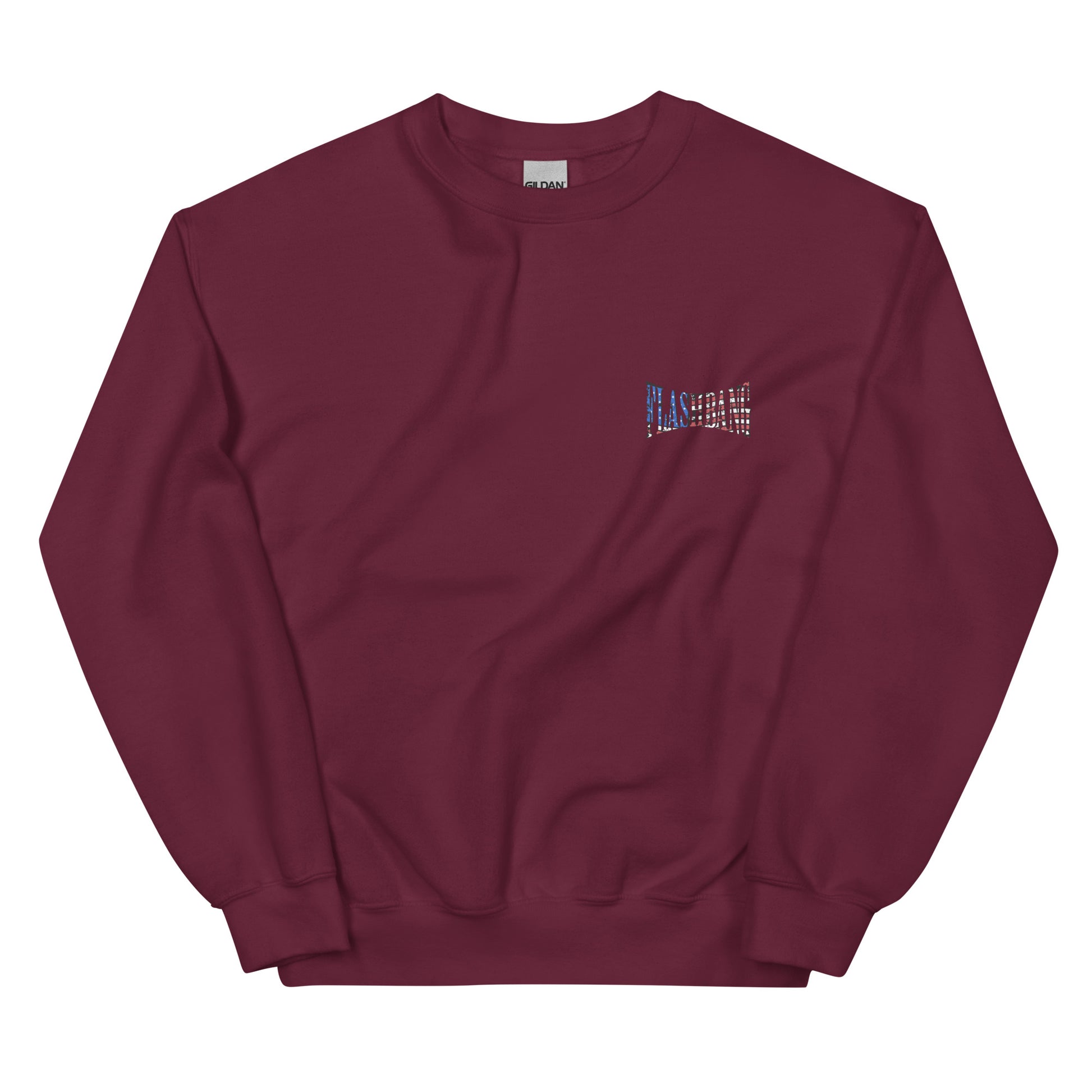 Maroon sweatshirt with a small logo on the chest against a white background