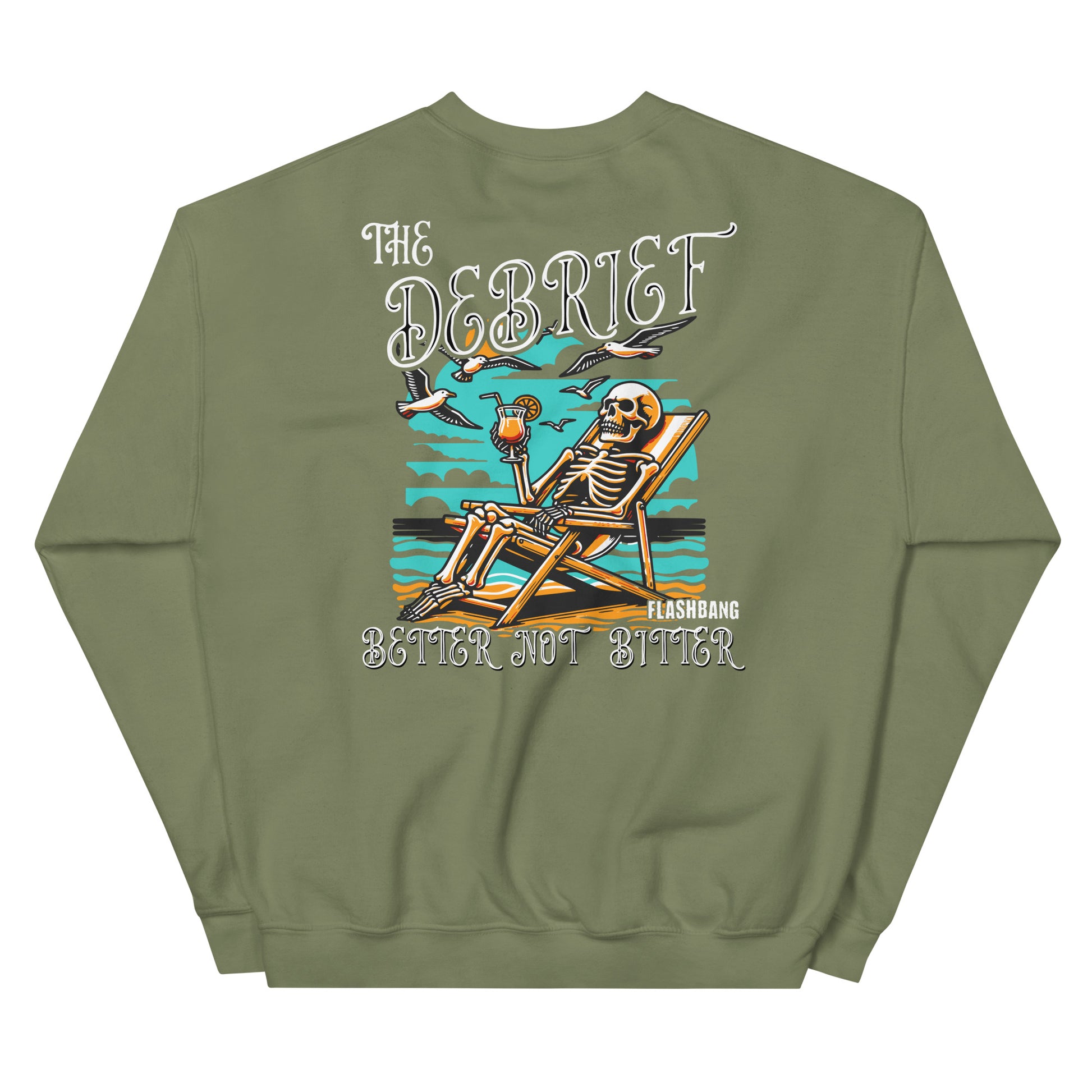 Green sweatshirt with a skeleton design and text on the back