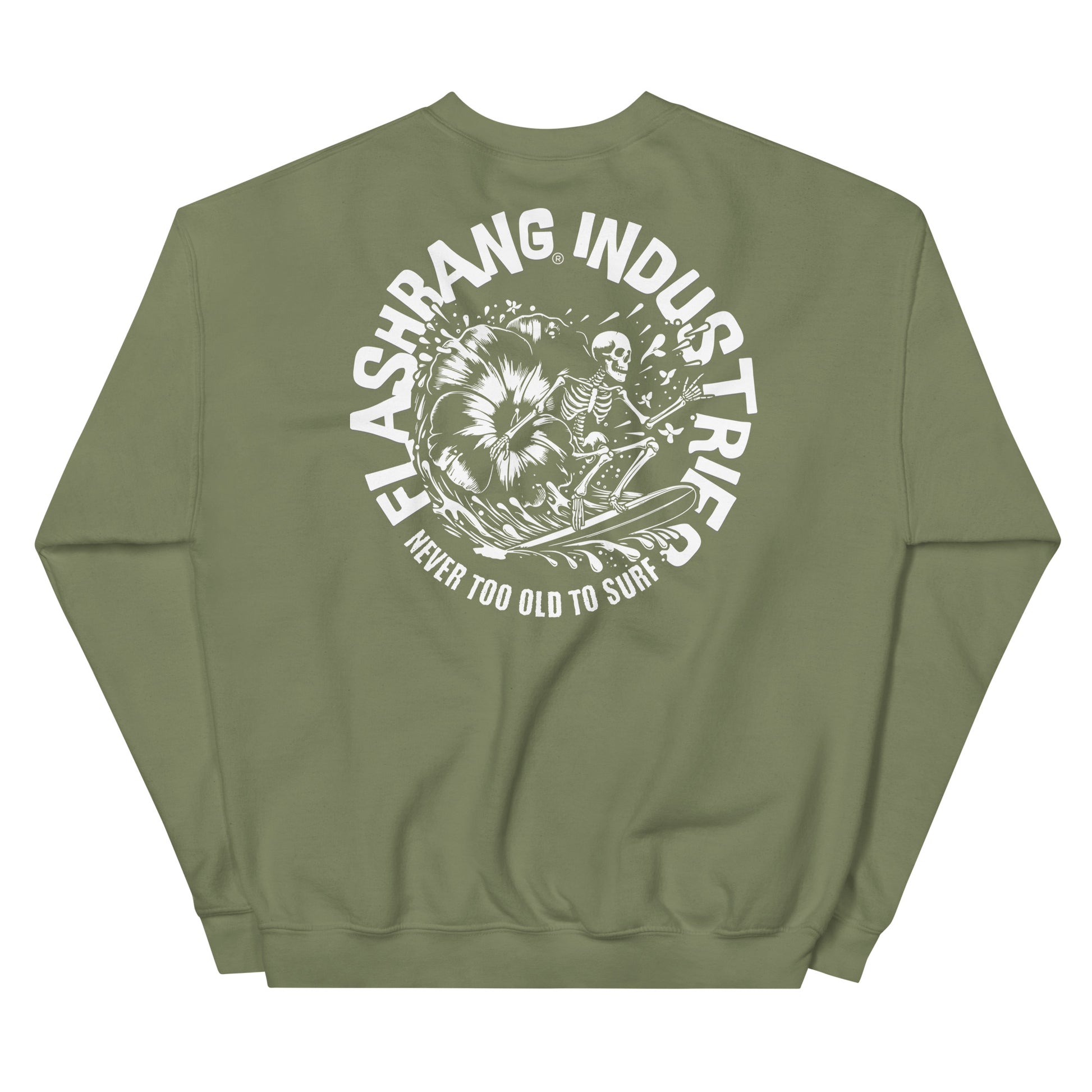 Green sweatshirt with a graphic design on the back featuring a skeleton surfing and the text 'Flashbang Industry'.