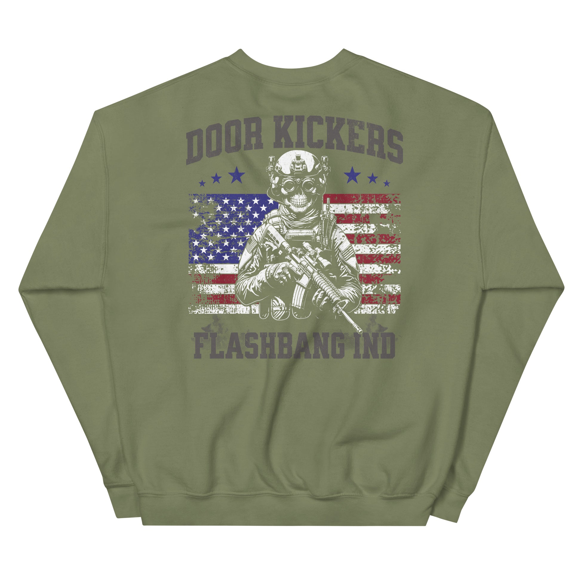 Green sweatshirt with 'Doors Kickers Flashband' graphic on a white background