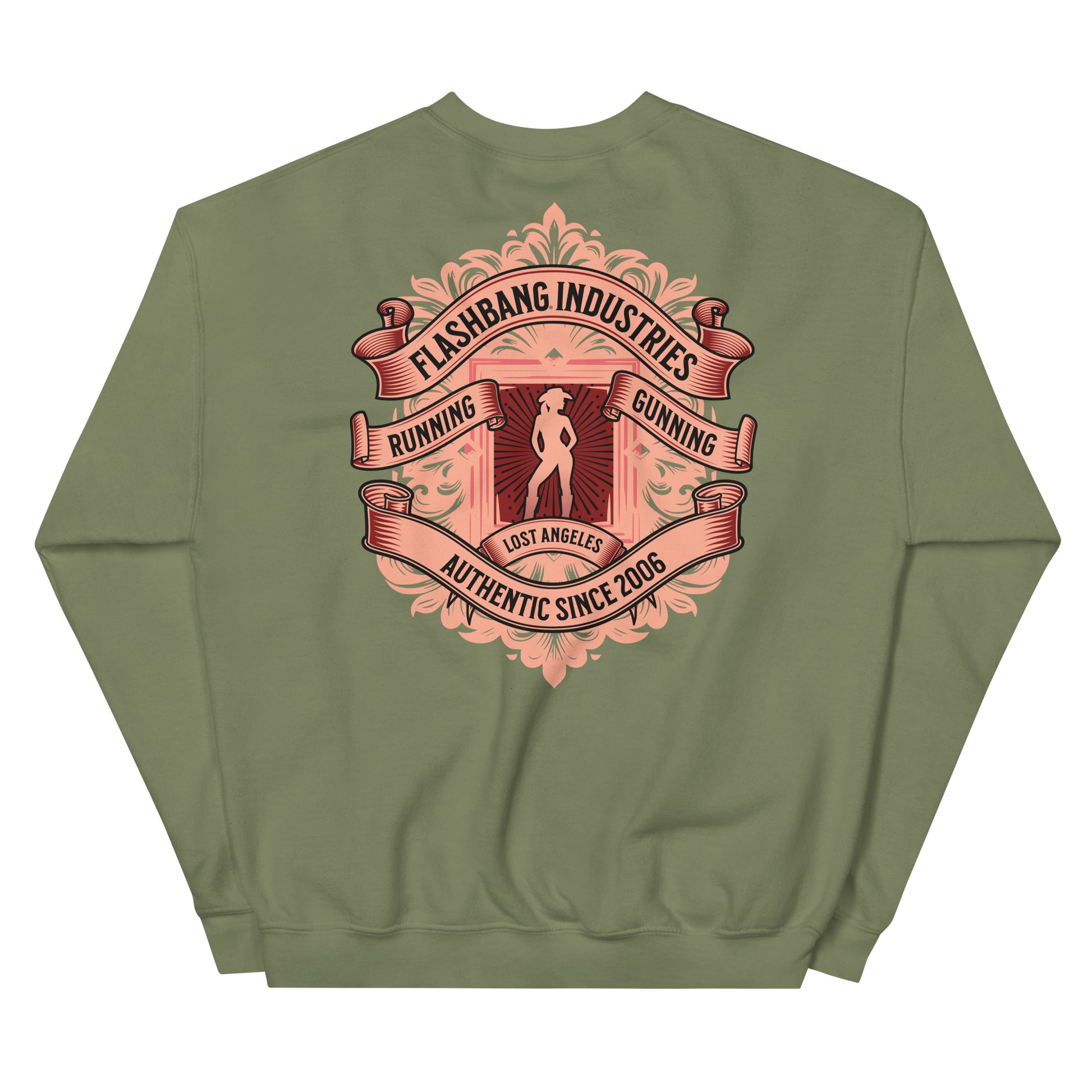 Green sweatshirt with a red graphic on the back on a white background