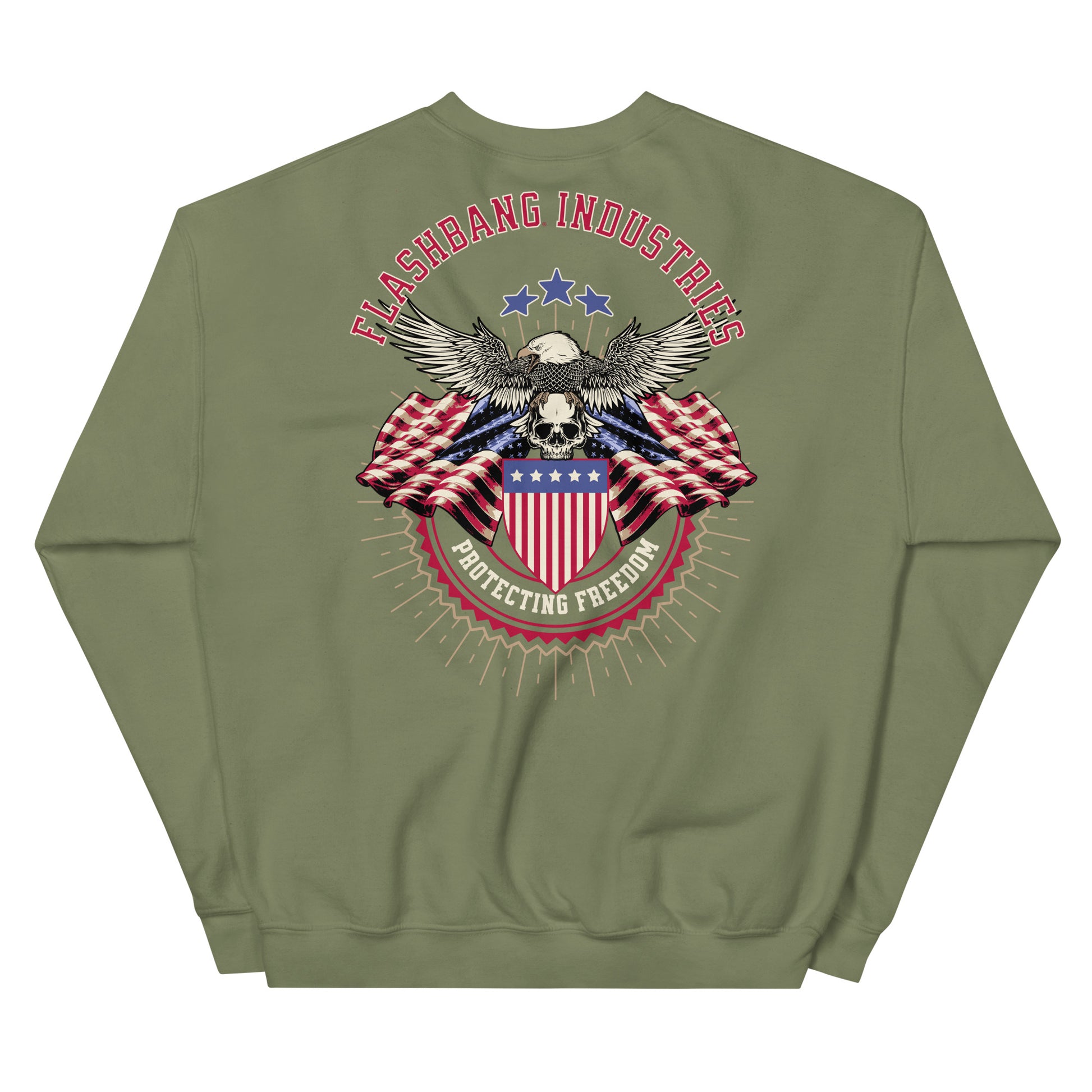 Green sweatshirt with an eagle and flag design on the back, featuring the brand 'Flashbang Industries'.