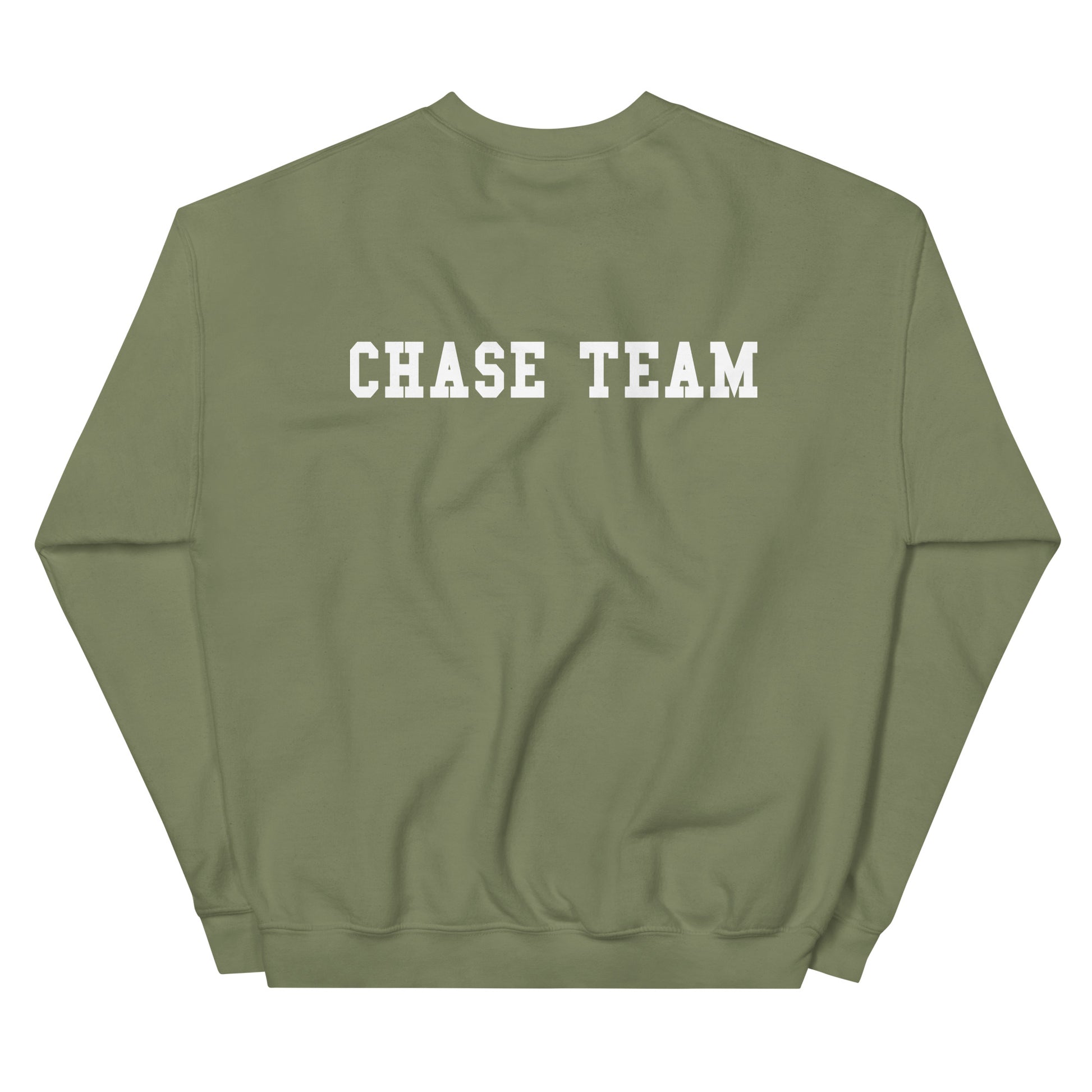 Green sweatshirt with 'CHASE TEAM' text on a white background
