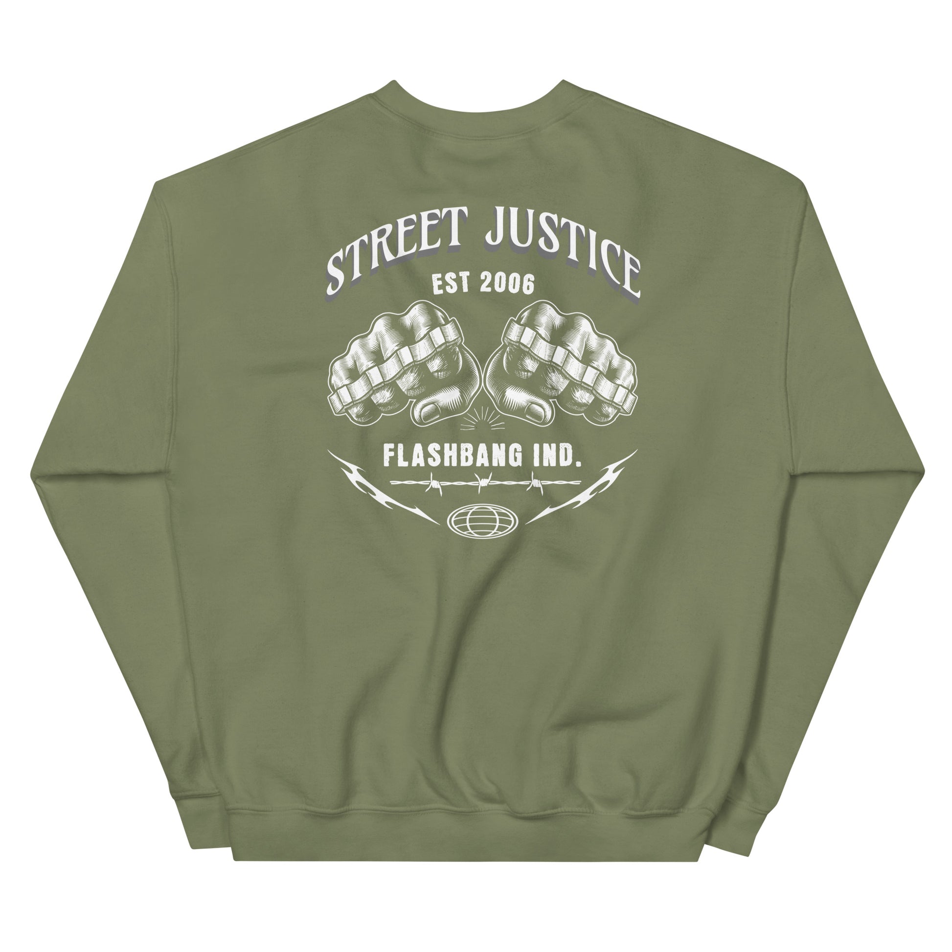 Green sweatshirt with white graphic and text on a white background