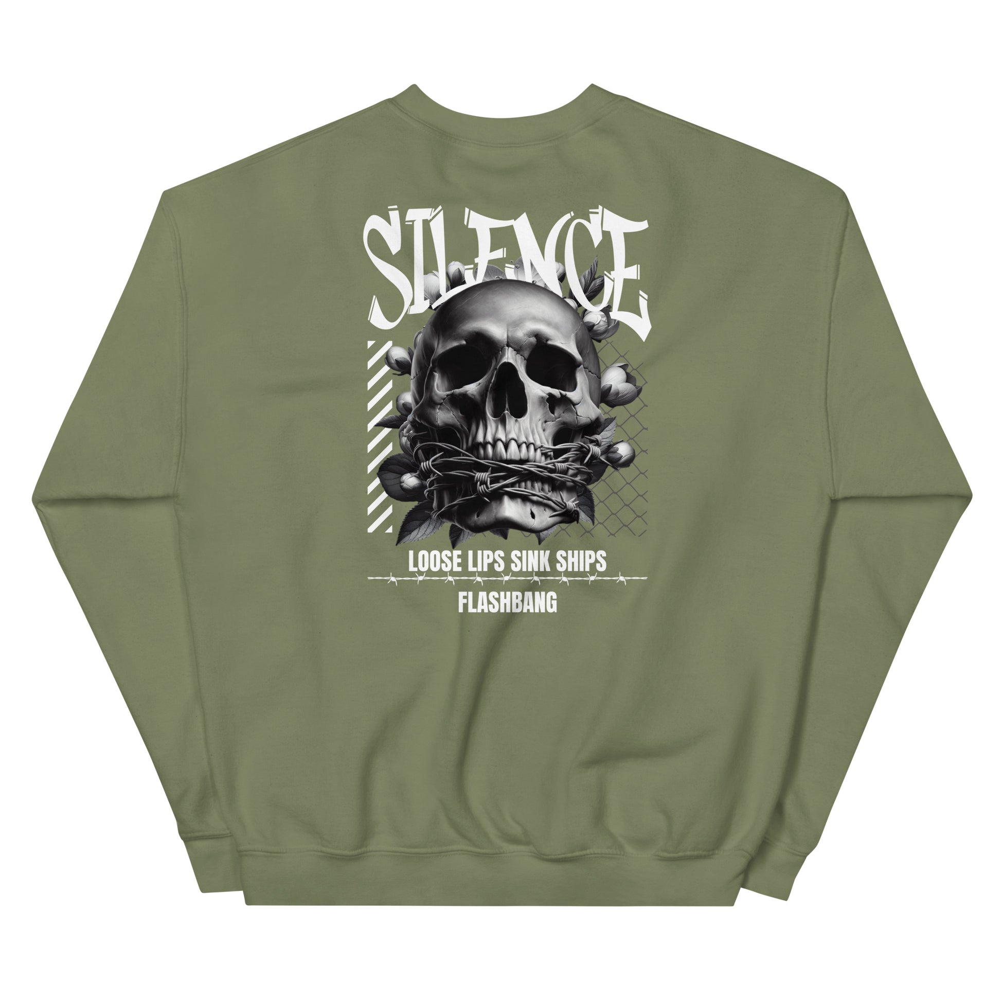 Green sweatshirt with skull graphic and text on a white background