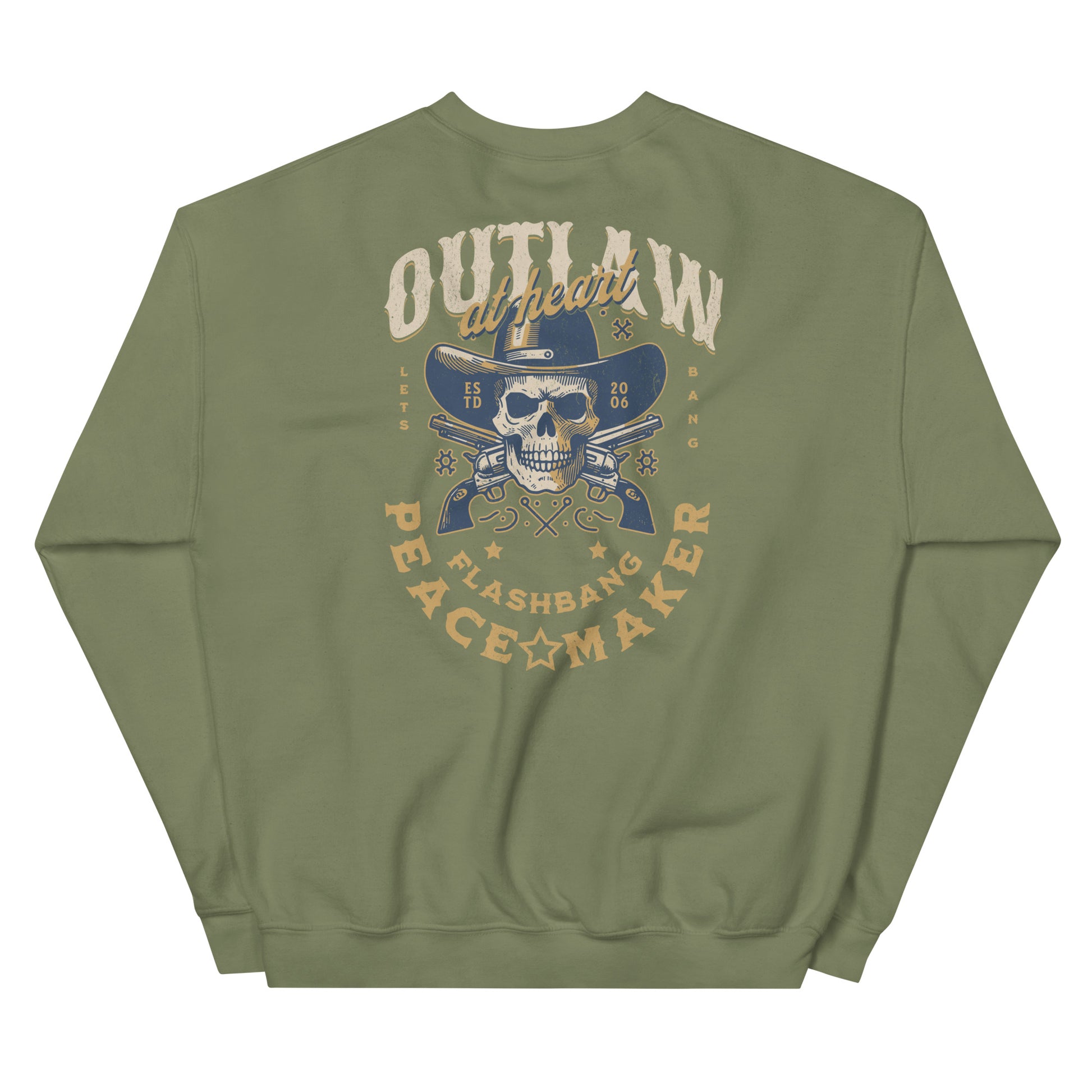 Green sweatshirt with graphic design and text on a white background