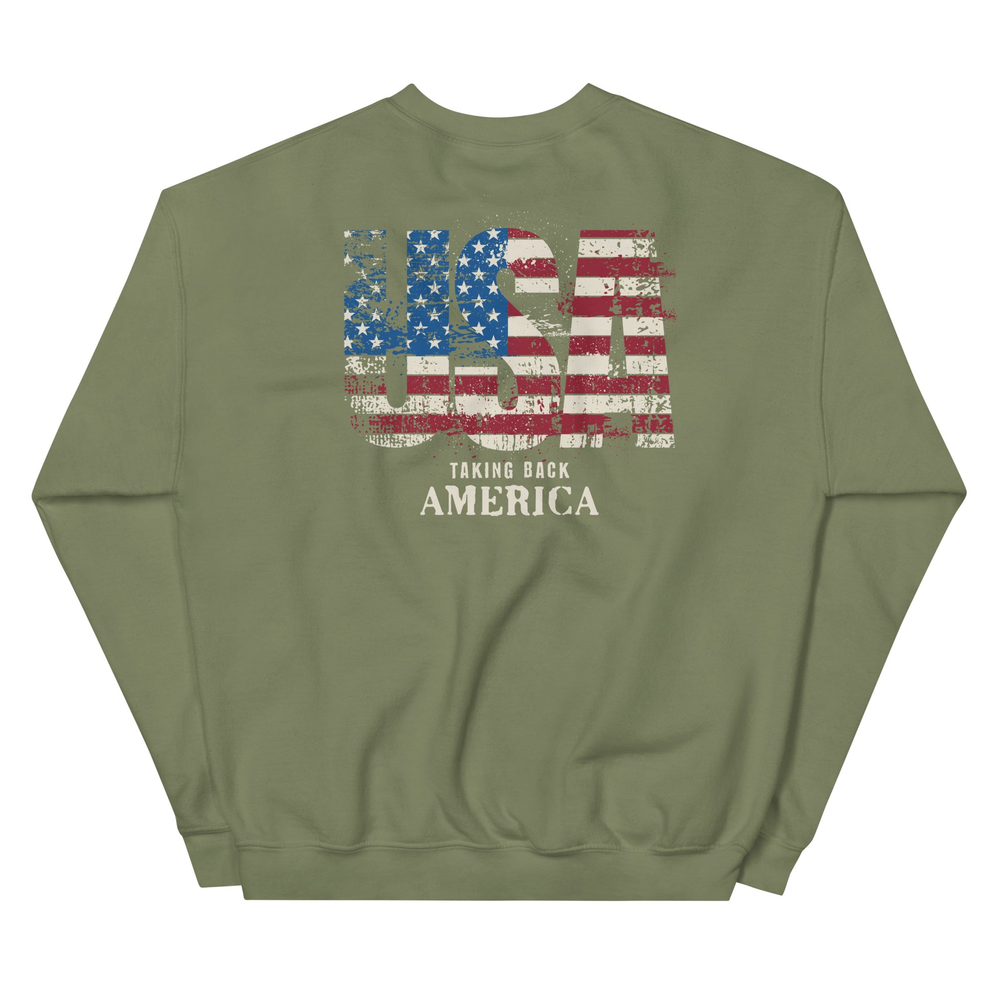 Green sweatshirt with American flag design and text on a white background