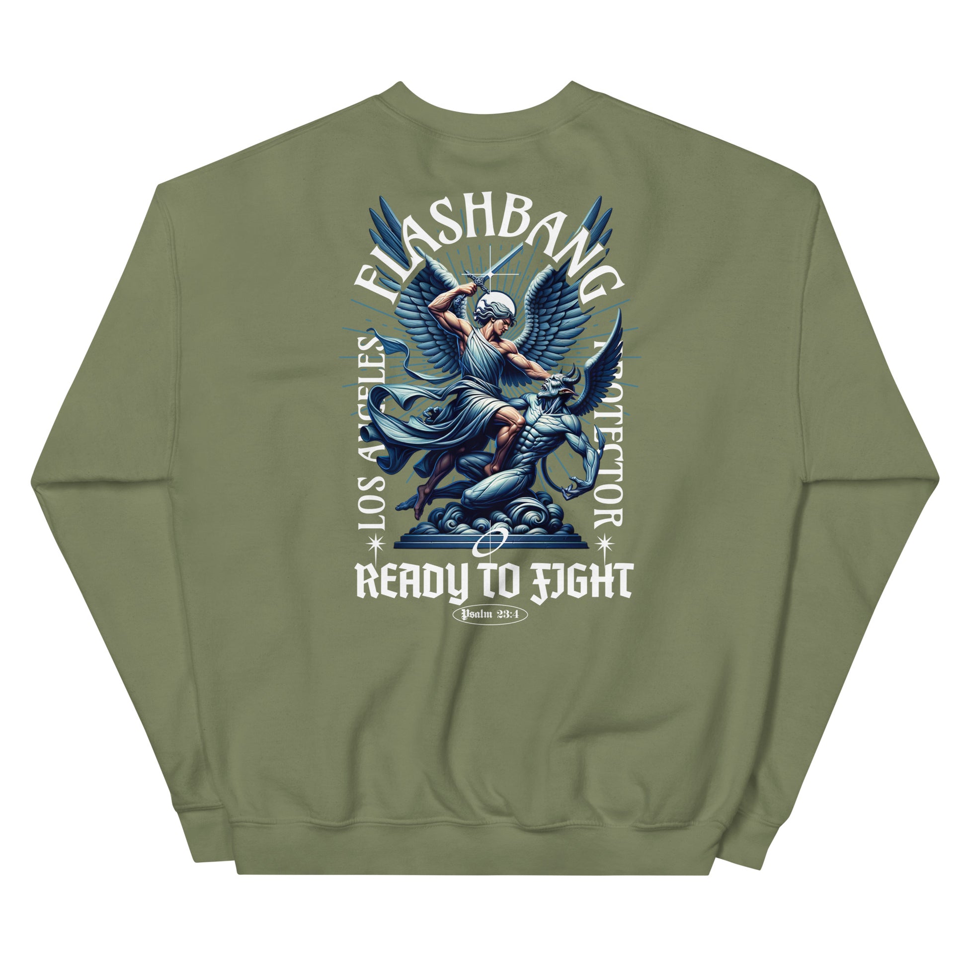 Green sweatshirt with graphic design and text on the back