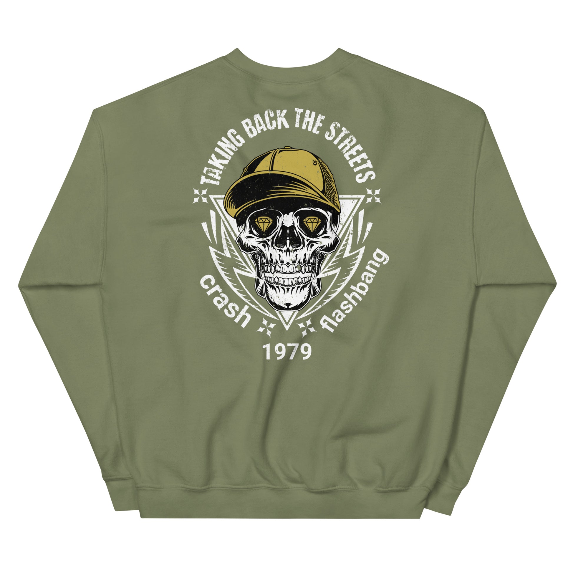 Green sweatshirt with skull and cap graphic on a white background