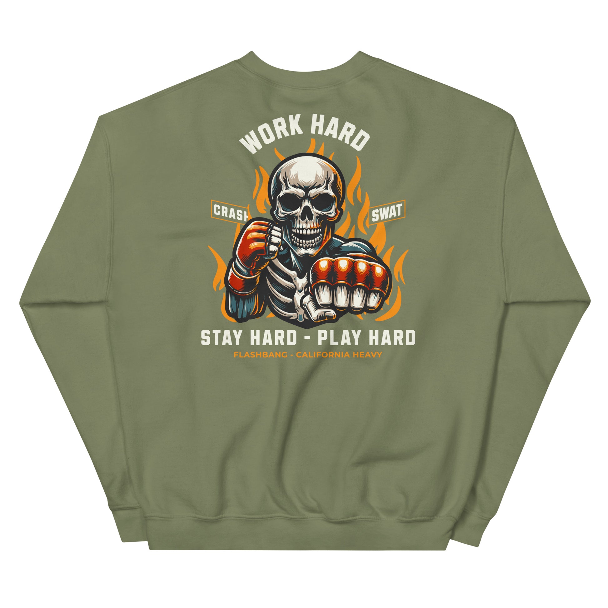 Green sweatshirt with a skeleton design and text on the back