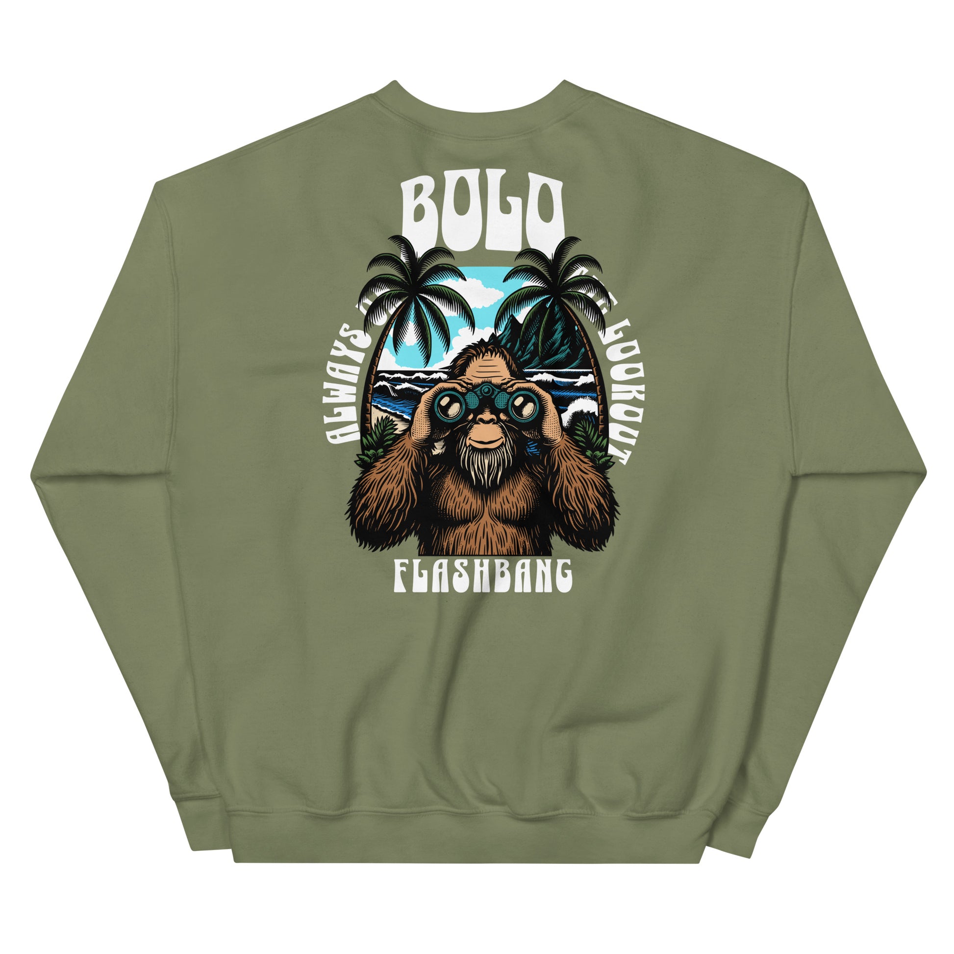 Green sweatshirt with a graphic of a bear and text on the back, on a white background