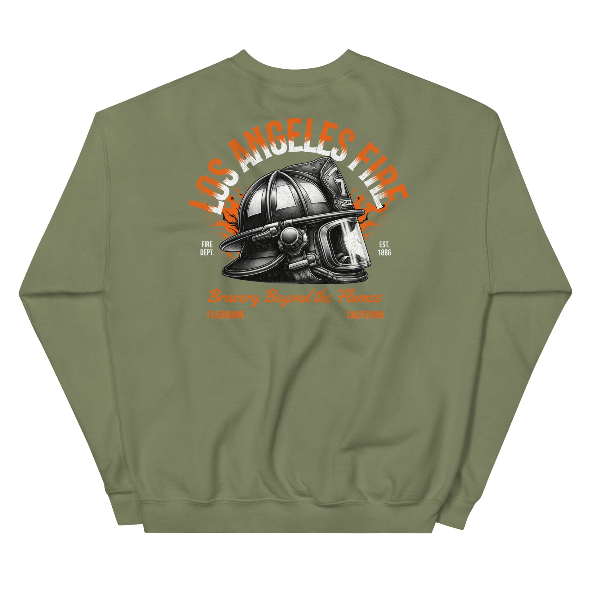 Green sweatshirt with a fire helmet graphic and 'Los Angeles Fire' text on the back.