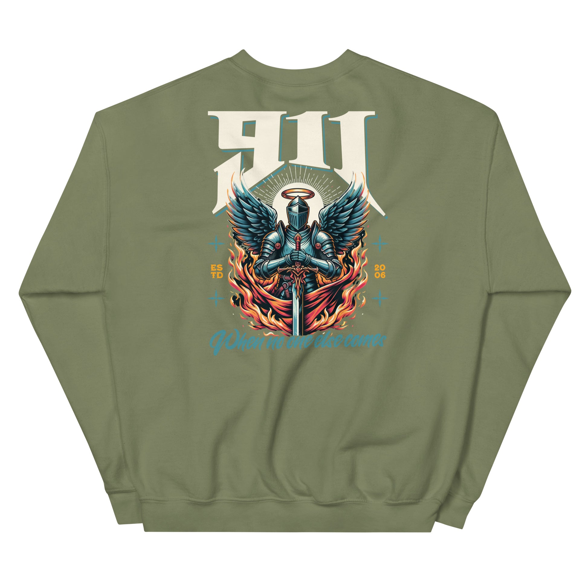 Green sweatshirt with a graphic design on the back featuring a knight and wings.