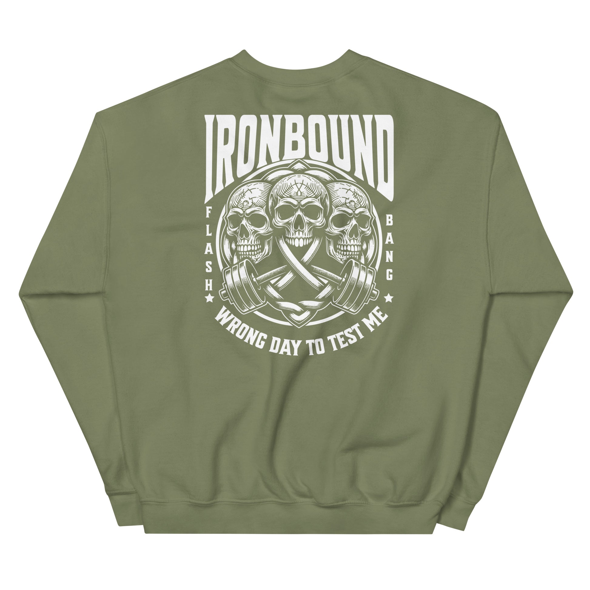 Green sweatshirt with skull and barbell graphic and 'Ironbound' text on a white background