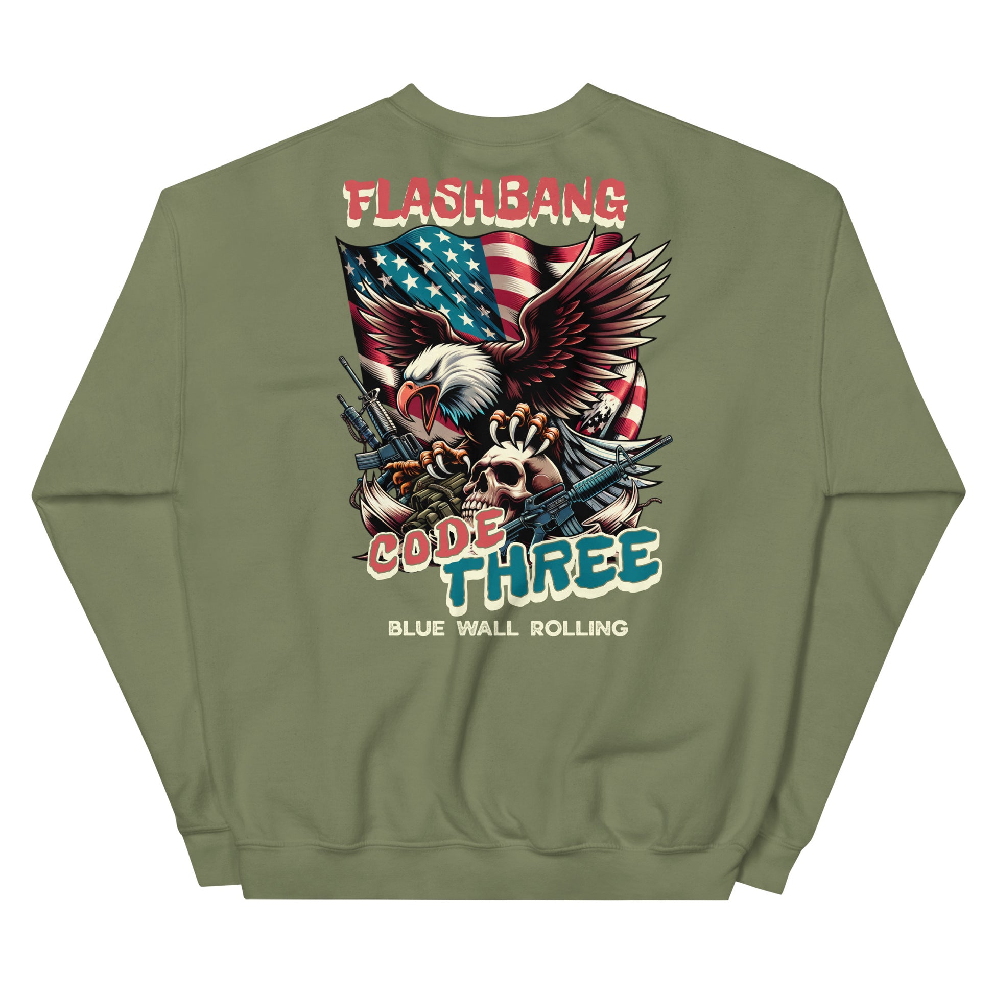 Green sweatshirt with 'Flashbang Code Three' graphic on the back