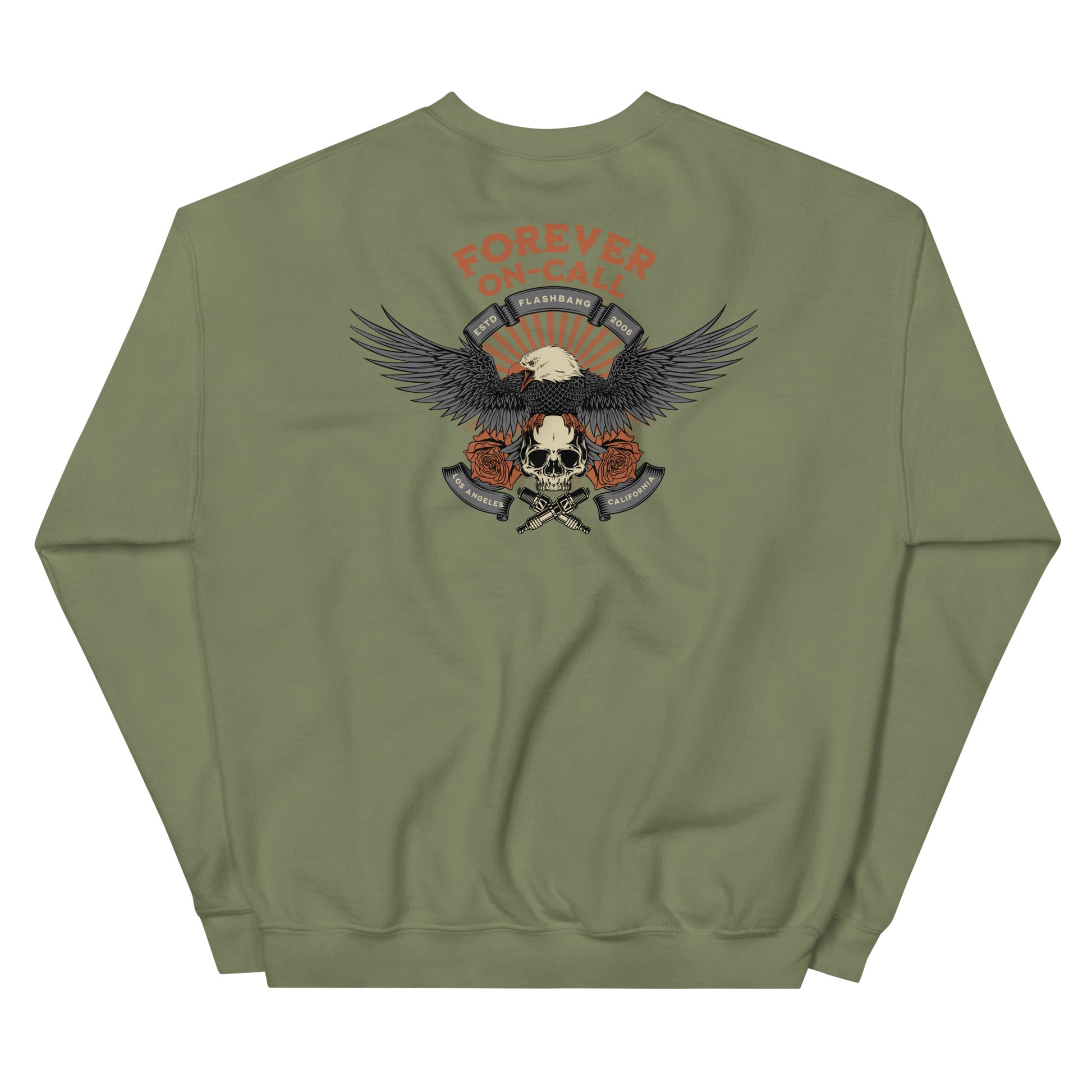 Green sweatshirt with a graphic design on the back featuring an eagle, skull, and text.