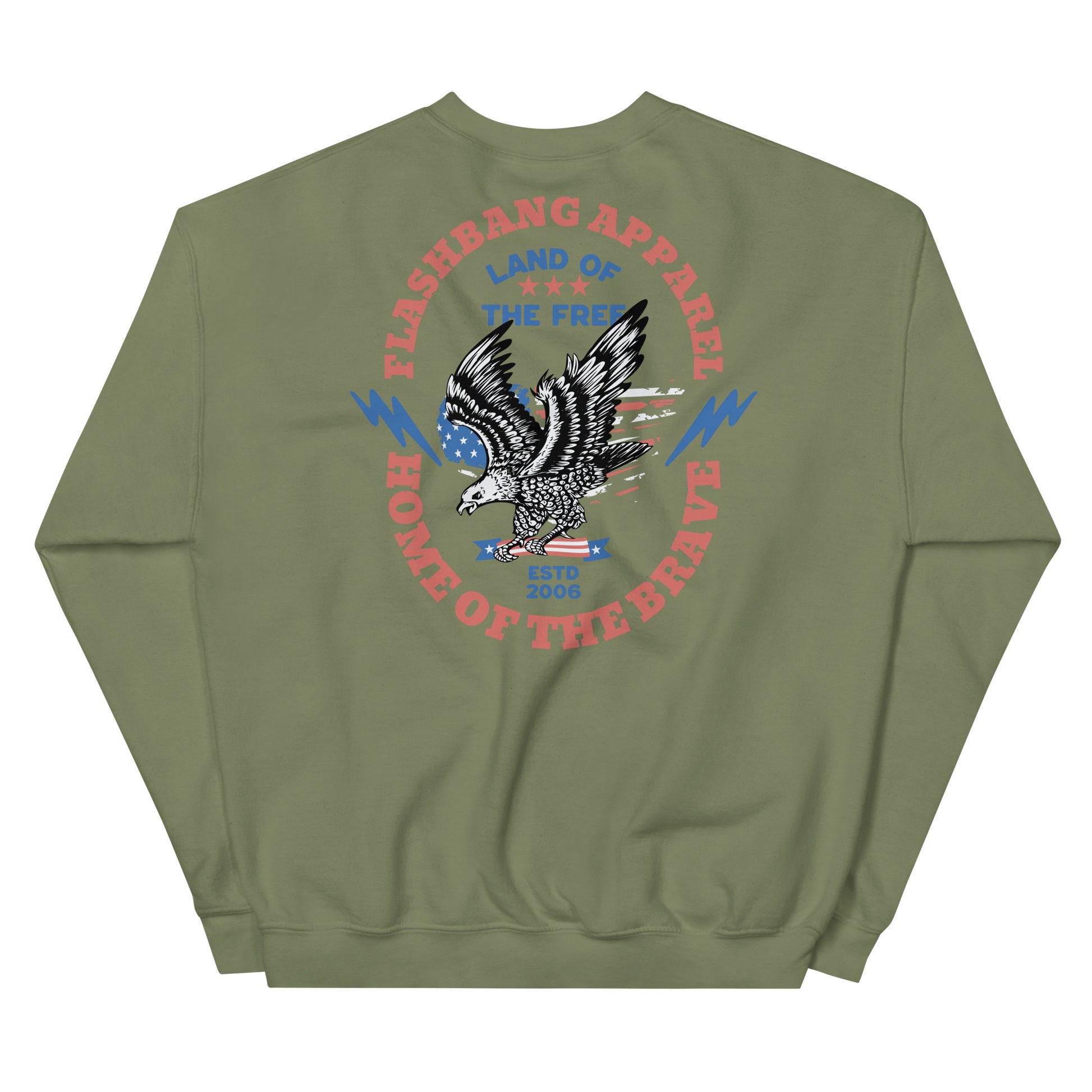 Green sweatshirt with an eagle graphic and text on the back, on a white background