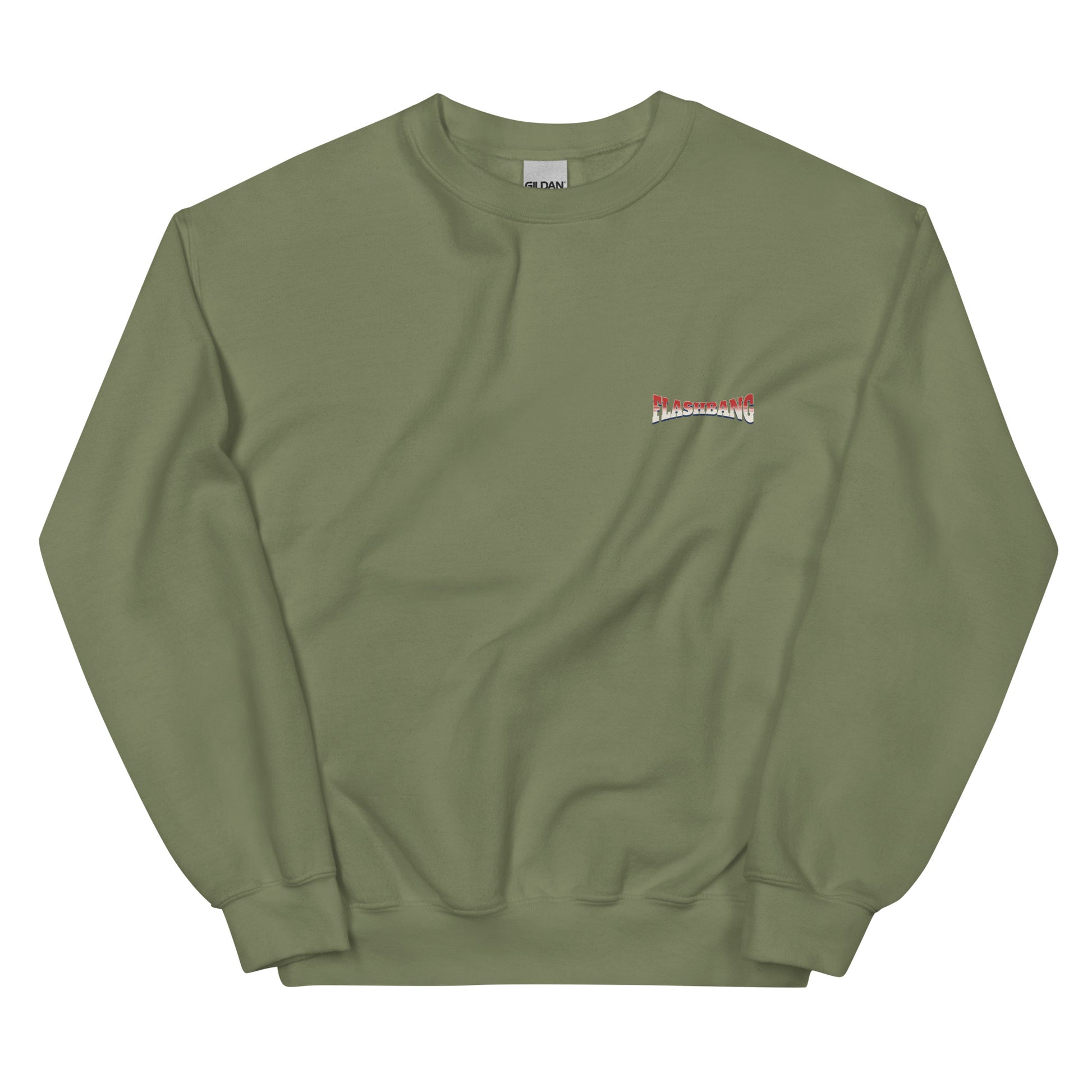 Green sweatshirt with a small logo on a white background