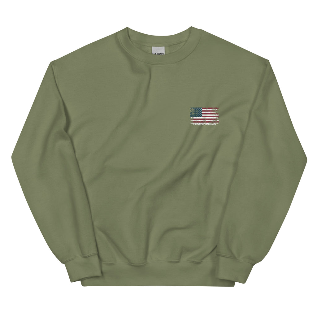 Green sweatshirt with an American flag patch on a white background