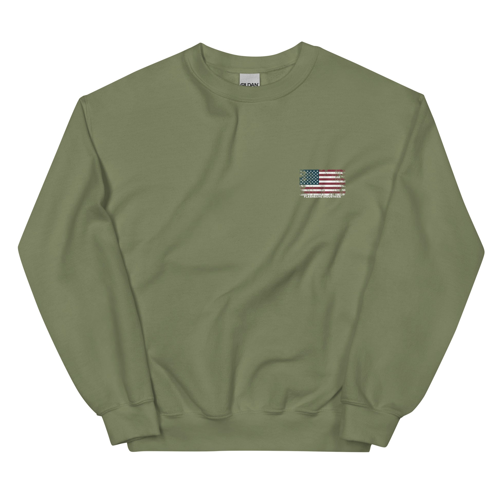 Green sweatshirt with an American flag patch on a white background