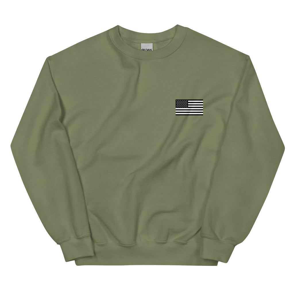 Green sweatshirt with a small American flag patch on a white background