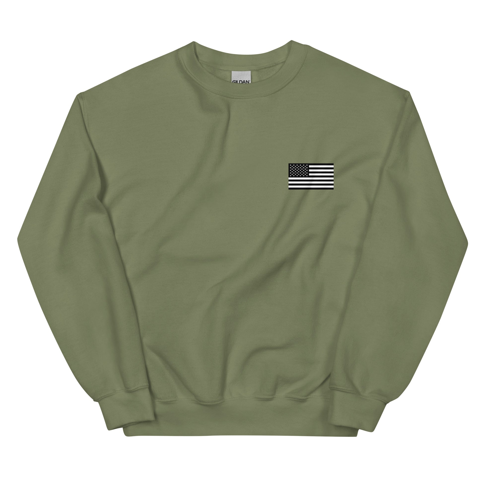 Green sweatshirt with a small American flag patch on a white background