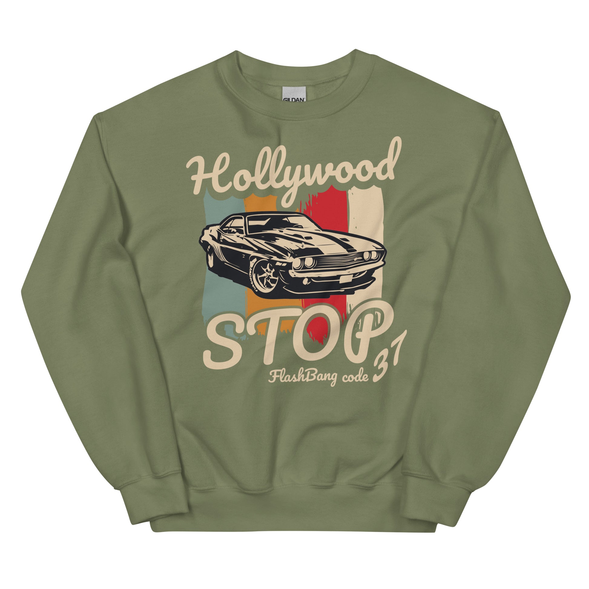 Sage green sweatshirt with car graphic and text on a white background